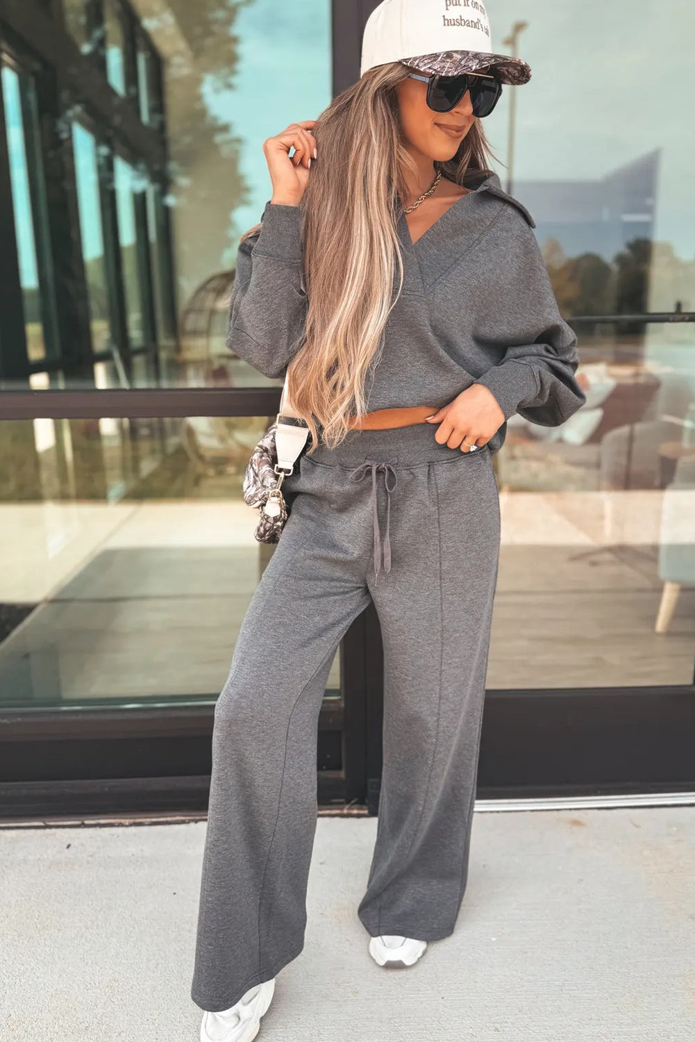 Medium Grey Collared V Neck Pullover Sweatshirt Sweatpants Set-Two Piece Sets/Pant Sets-[Adult]-[Female]-2022 Online Blue Zone Planet