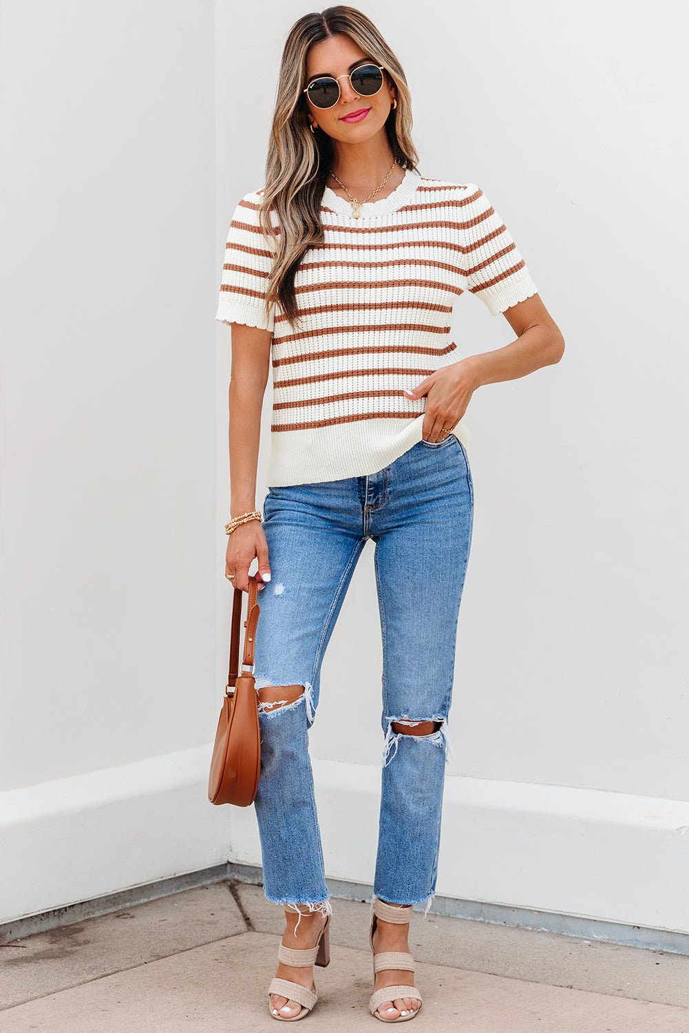 Khaki Stripe Scalloped Round Neck Short Sleeve Sweater-Sweaters & Cardigans/Short Sleeve Sweaters-[Adult]-[Female]-2022 Online Blue Zone Planet