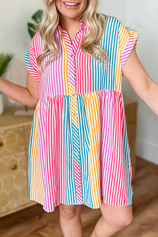 Multicolour Colorblock Striped Short Sleeve Buttoned Shirt Dress-TOPS / DRESSES-[Adult]-[Female]-Multicolour-S-2022 Online Blue Zone Planet