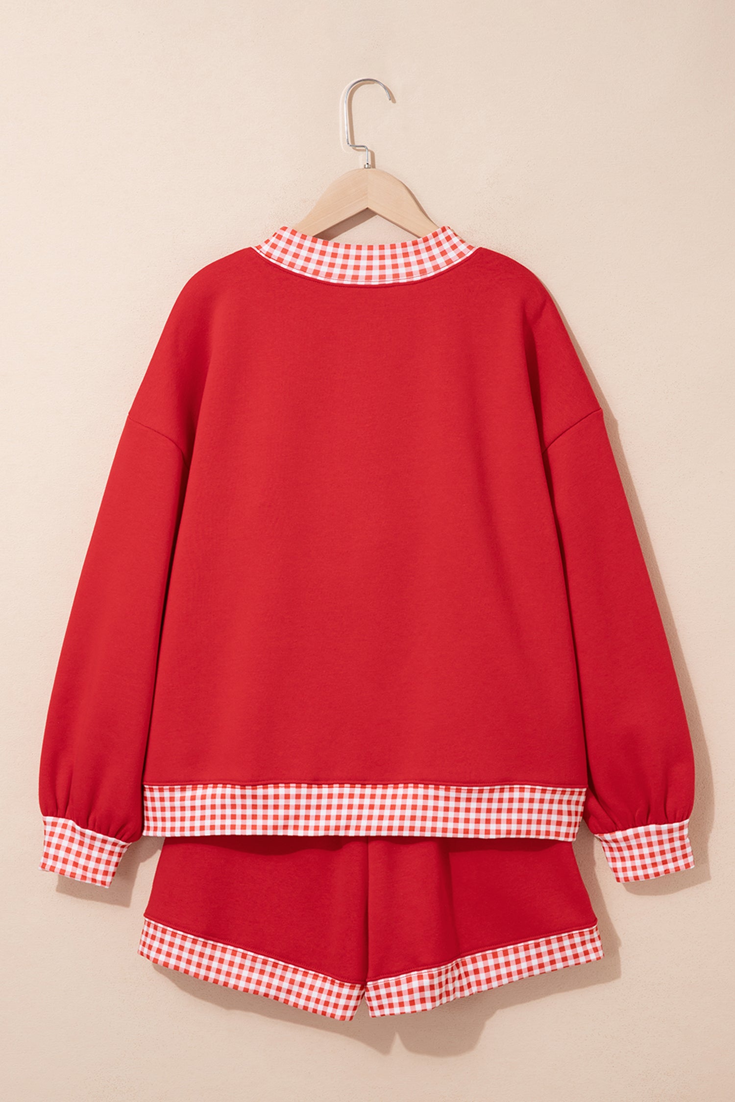 Fiery Red Gingham Trim Baggy Pullover 2pcs Short Set-Two Piece Sets/Short Sets-[Adult]-[Female]-2022 Online Blue Zone Planet