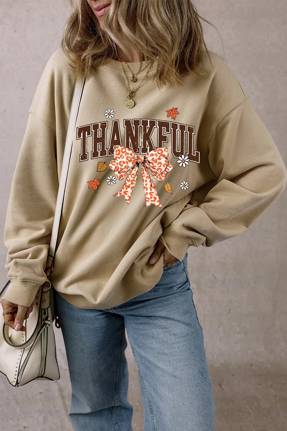 THANKFUL Bow Round Neck Long Sleeve Sweatshirt-TOPS / DRESSES-[Adult]-[Female]-2022 Online Blue Zone Planet