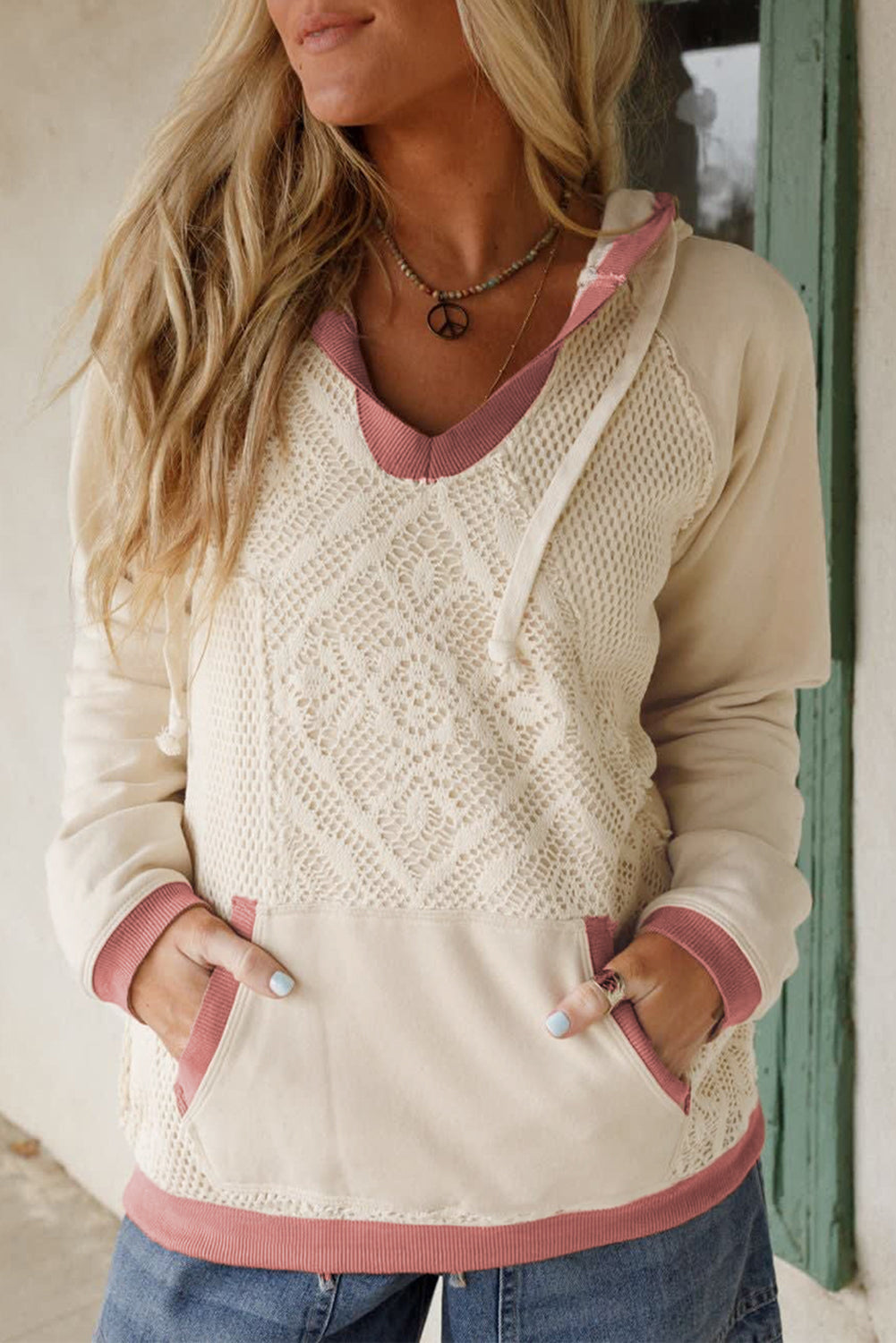 White Contrast Trim Crochet Knit Patchwork Exposed Seam Hoodie-Tops/Sweatshirts & Hoodies-[Adult]-[Female]-White-S-2022 Online Blue Zone Planet