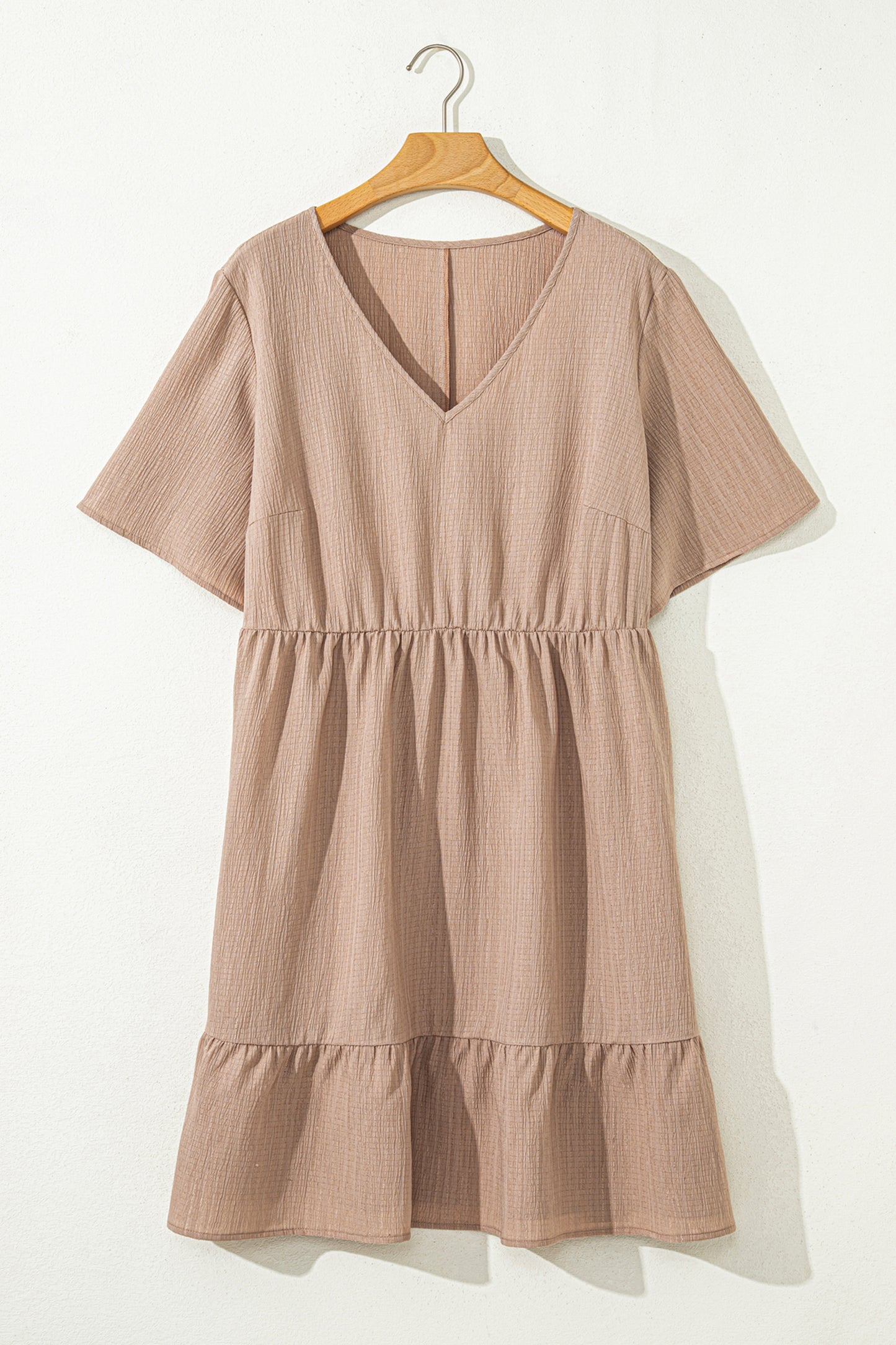 Dark Khaki Plus Size Textured Ruffled Short Sleeve Dress-TOPS / DRESSES-[Adult]-[Female]-2022 Online Blue Zone Planet