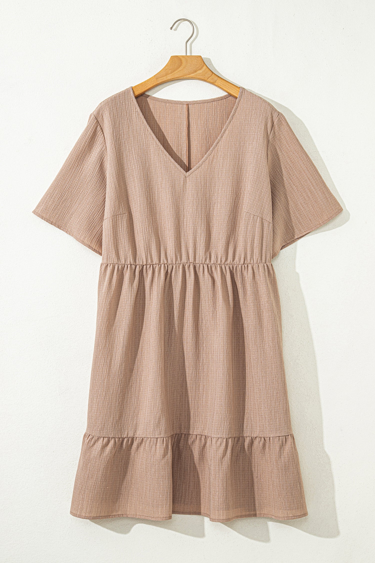 Dark Khaki Plus Size Textured Ruffled Short Sleeve Dress-TOPS / DRESSES-[Adult]-[Female]-2022 Online Blue Zone Planet