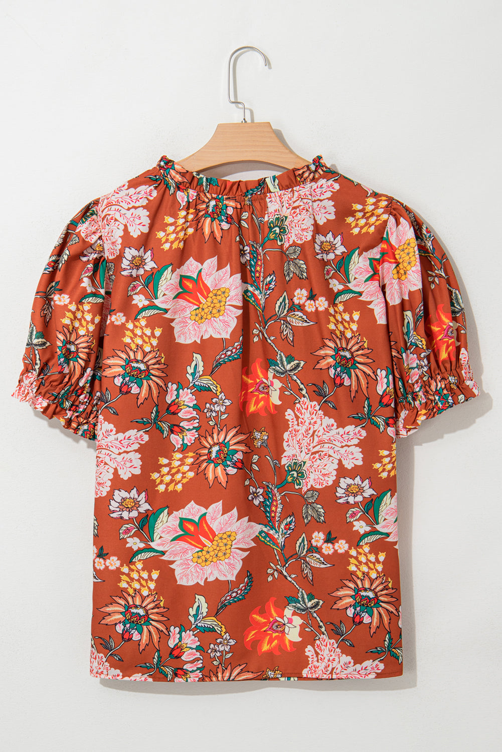 Brown Floral Stitched V Neck Frilled Trim Puff Short Sleeve Blouse-Plus Size/Plus Size Tops/Plus Size Blouses & Shirts-[Adult]-[Female]-2022 Online Blue Zone Planet