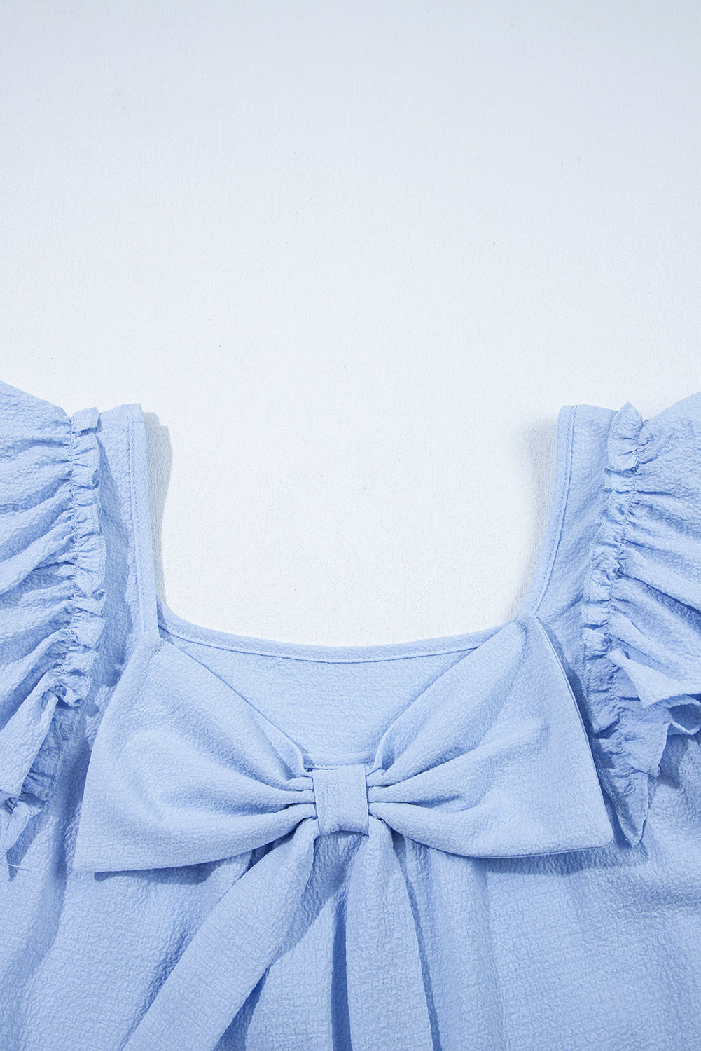 Beau Blue Textured Bow Knot Frilled Butterfly Sleeve Blouse-Tops/Blouses & Shirts-[Adult]-[Female]-2022 Online Blue Zone Planet