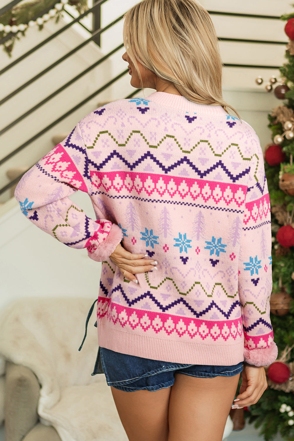 Multicolour Ethnic Christmas Pattern Knit Feather Cuffed Sweater-TOPS / DRESSES-[Adult]-[Female]-2022 Online Blue Zone Planet