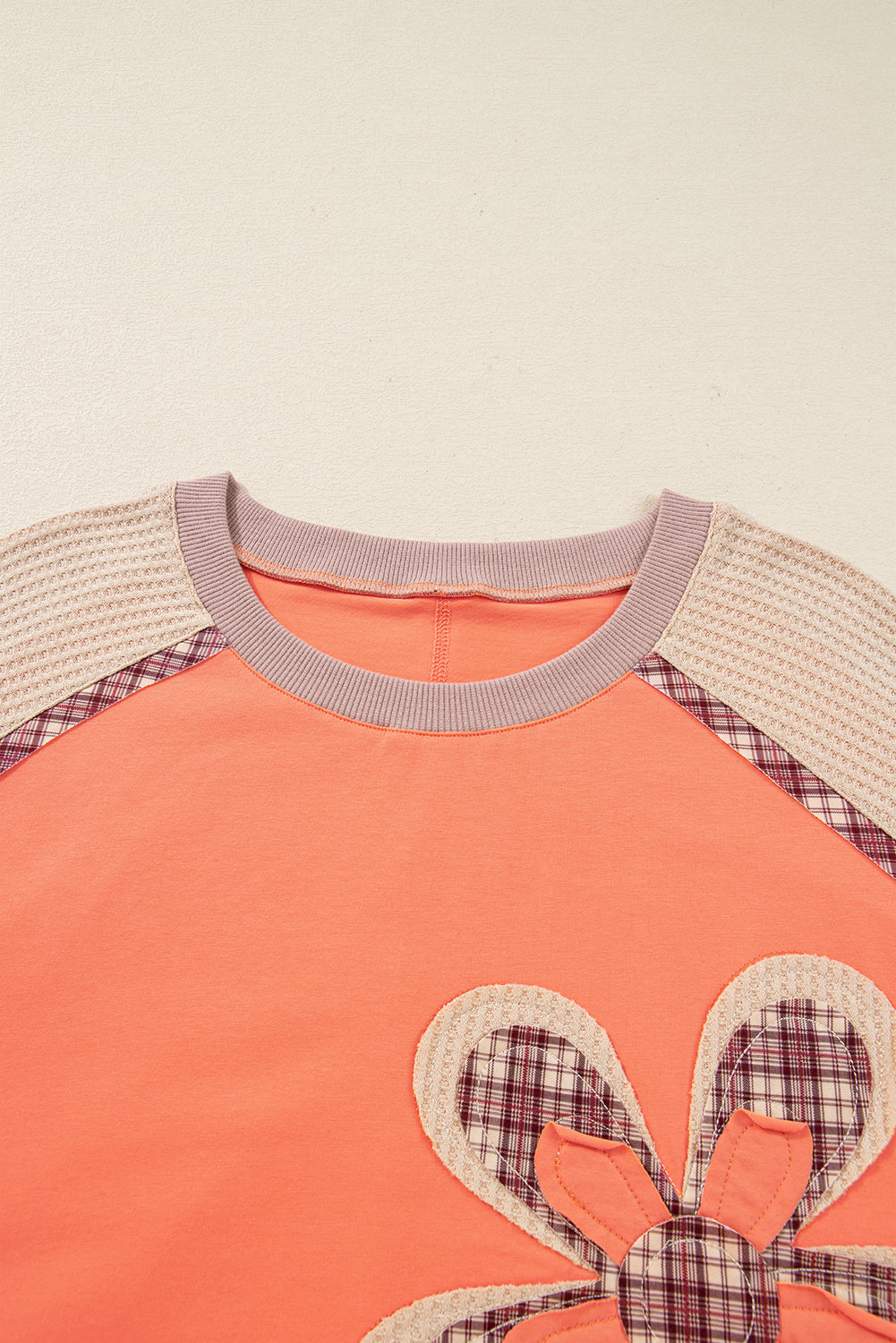 Grapefruit Orange Plaid Flower Waffle Patched Plus Size 3/4 Sleeve Top-Plus Size/Plus Size Tops/Plus Size Long Sleeve Tops-[Adult]-[Female]-2022 Online Blue Zone Planet