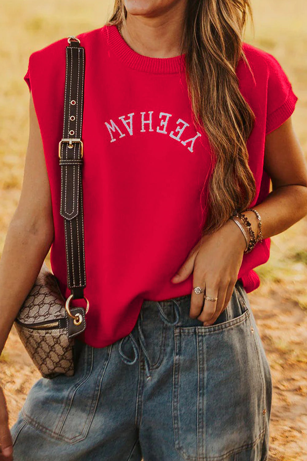 Fiery Red YEEHAW Embroidered Letter Loose Short Sleeve Sweater-Sweaters & Cardigans/Short Sleeve Sweaters-[Adult]-[Female]-Fiery Red-S-2022 Online Blue Zone Planet