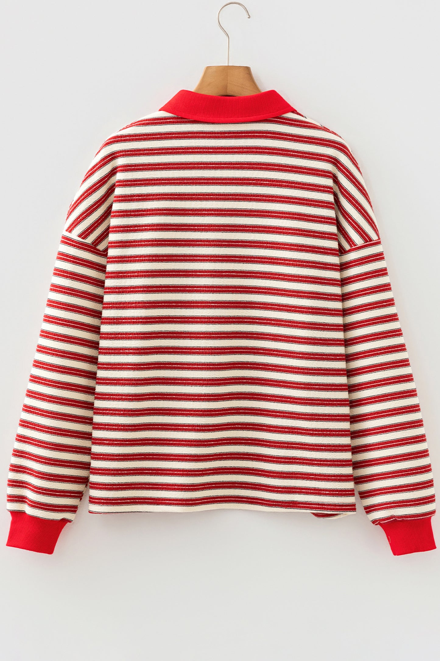 Racing Red Striped Print Contrast Collar Zip V Neck Long Sleeve Top-Tops/Long Sleeve Tops-[Adult]-[Female]-2022 Online Blue Zone Planet