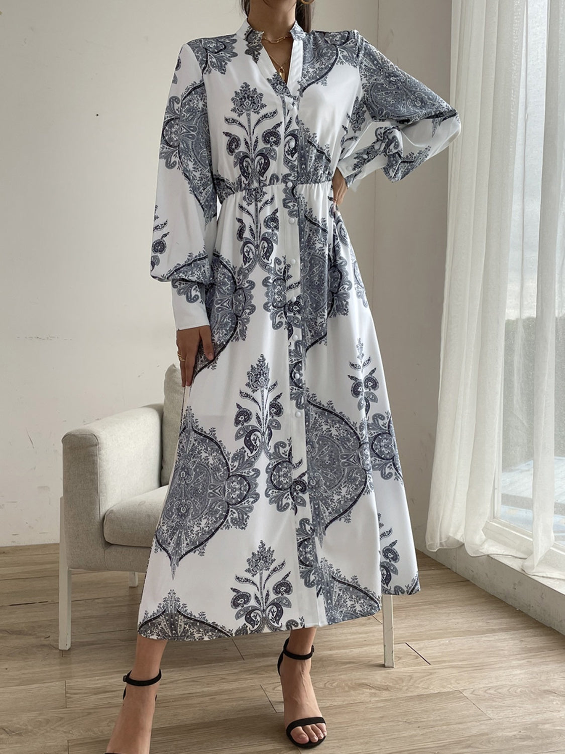 Printed Notched Lantern Sleeve Midi Dress-TOPS / DRESSES-[Adult]-[Female]-2022 Online Blue Zone Planet