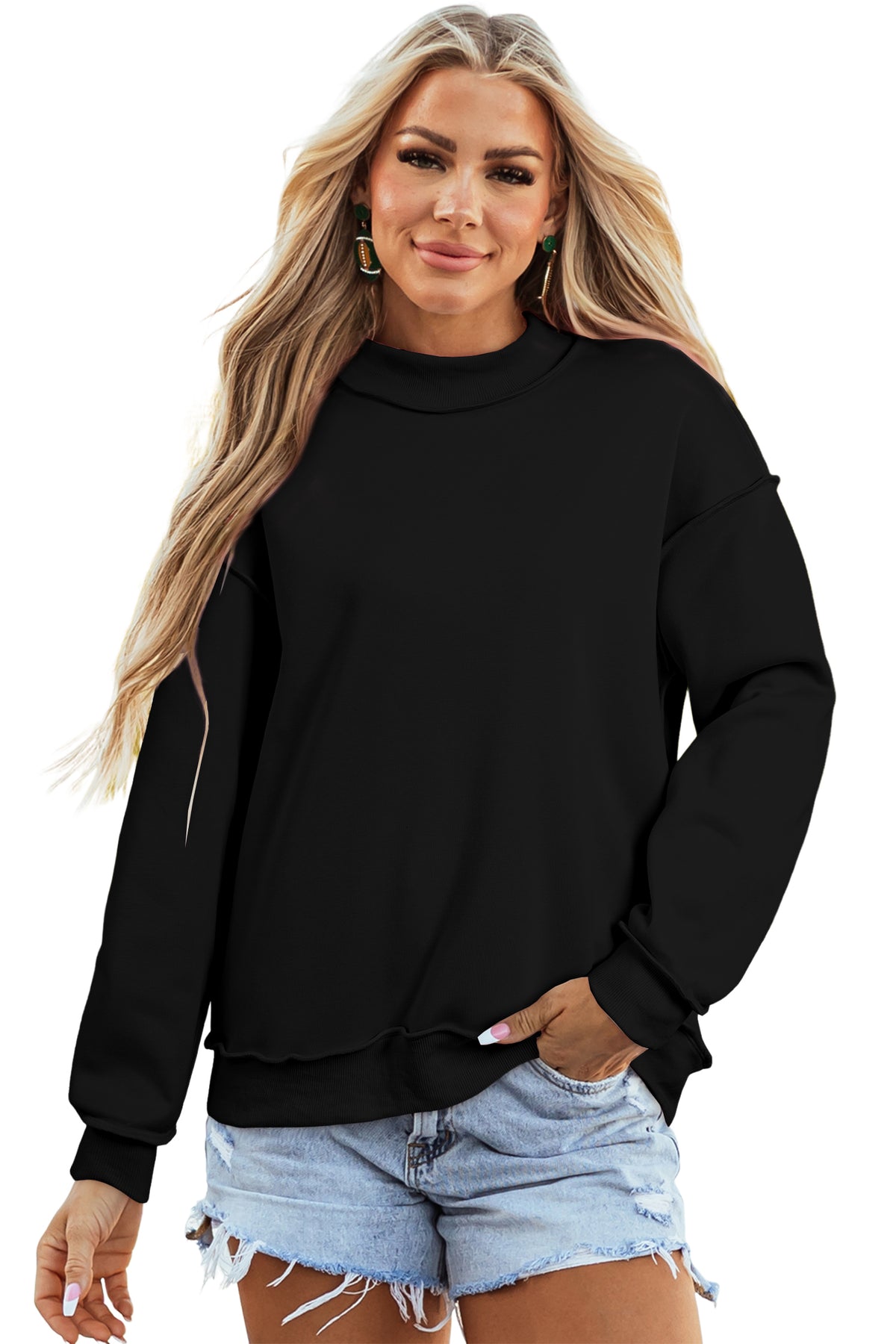 Black Oversize Drop Shoulder Reversible Mock Neck Sweatshirt-Tops/Sweatshirts & Hoodies-[Adult]-[Female]-2022 Online Blue Zone Planet
