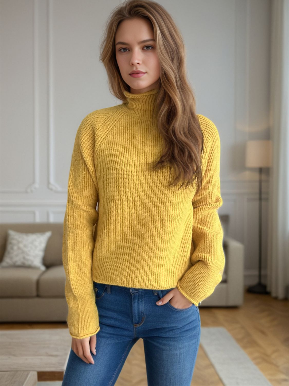 Blue Zone Planet | Turtleneck Long Sleeve Sweater-TOPS / DRESSES-[Adult]-[Female]-Yellow-One Size-2022 Online Blue Zone Planet