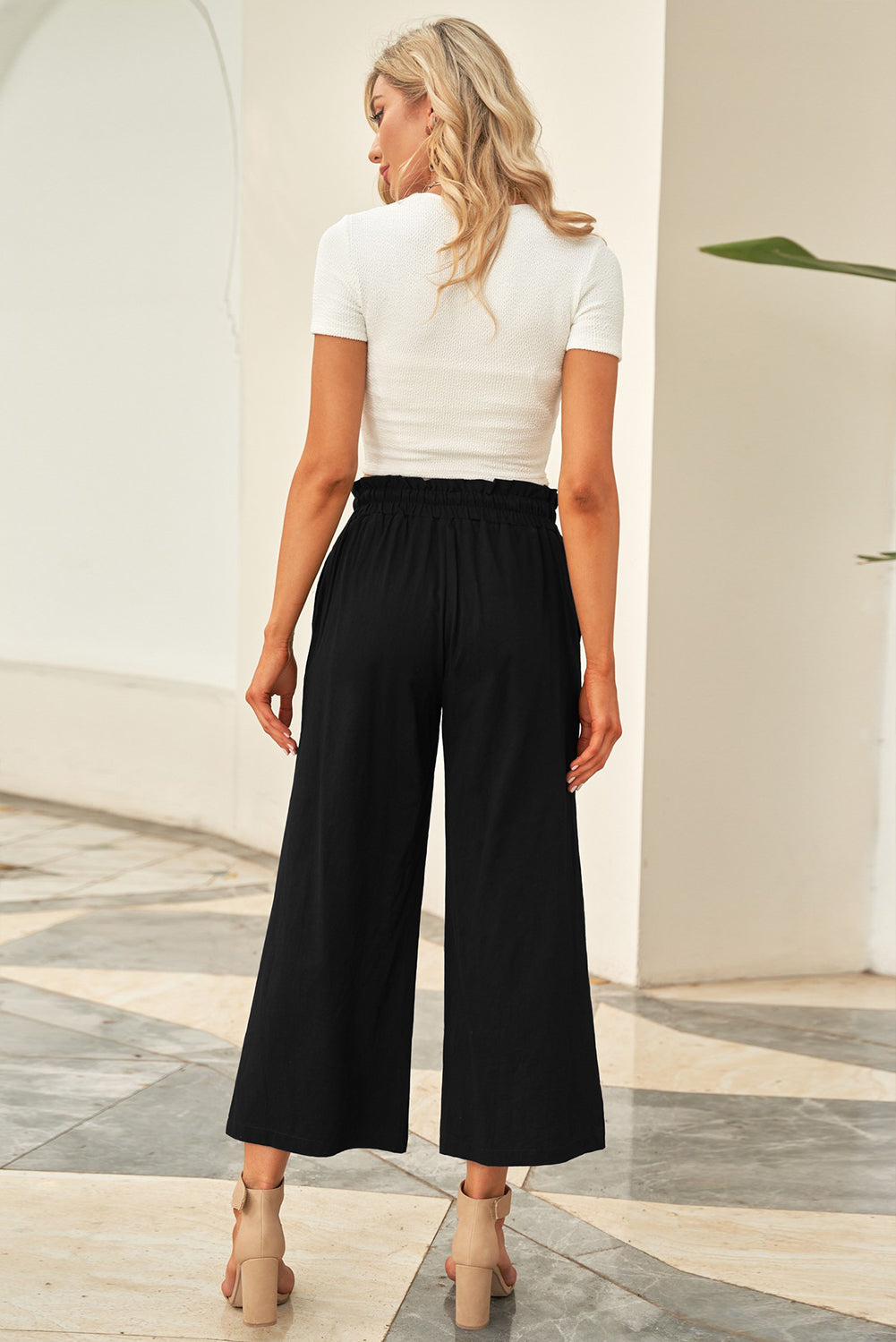 Black Paperbag Waist Straight Leg Cropped Pants-Bottoms/Pants & Culotte-[Adult]-[Female]-2022 Online Blue Zone Planet