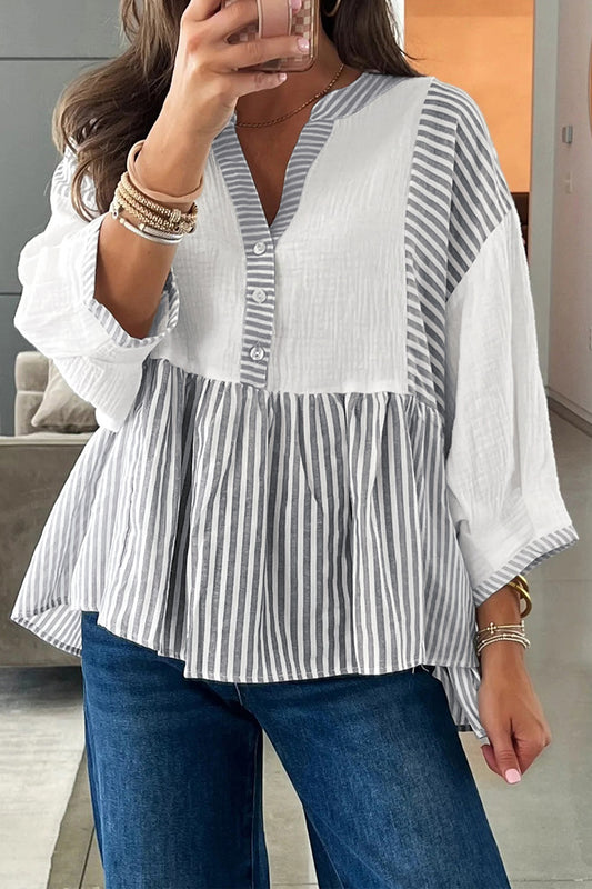 Gray Stripe Half Button Gauze Patchwork Bracelet Sleeve Babydoll Blouse-Tops/Blouses & Shirts-[Adult]-[Female]-Gray Stripe-S-2022 Online Blue Zone Planet