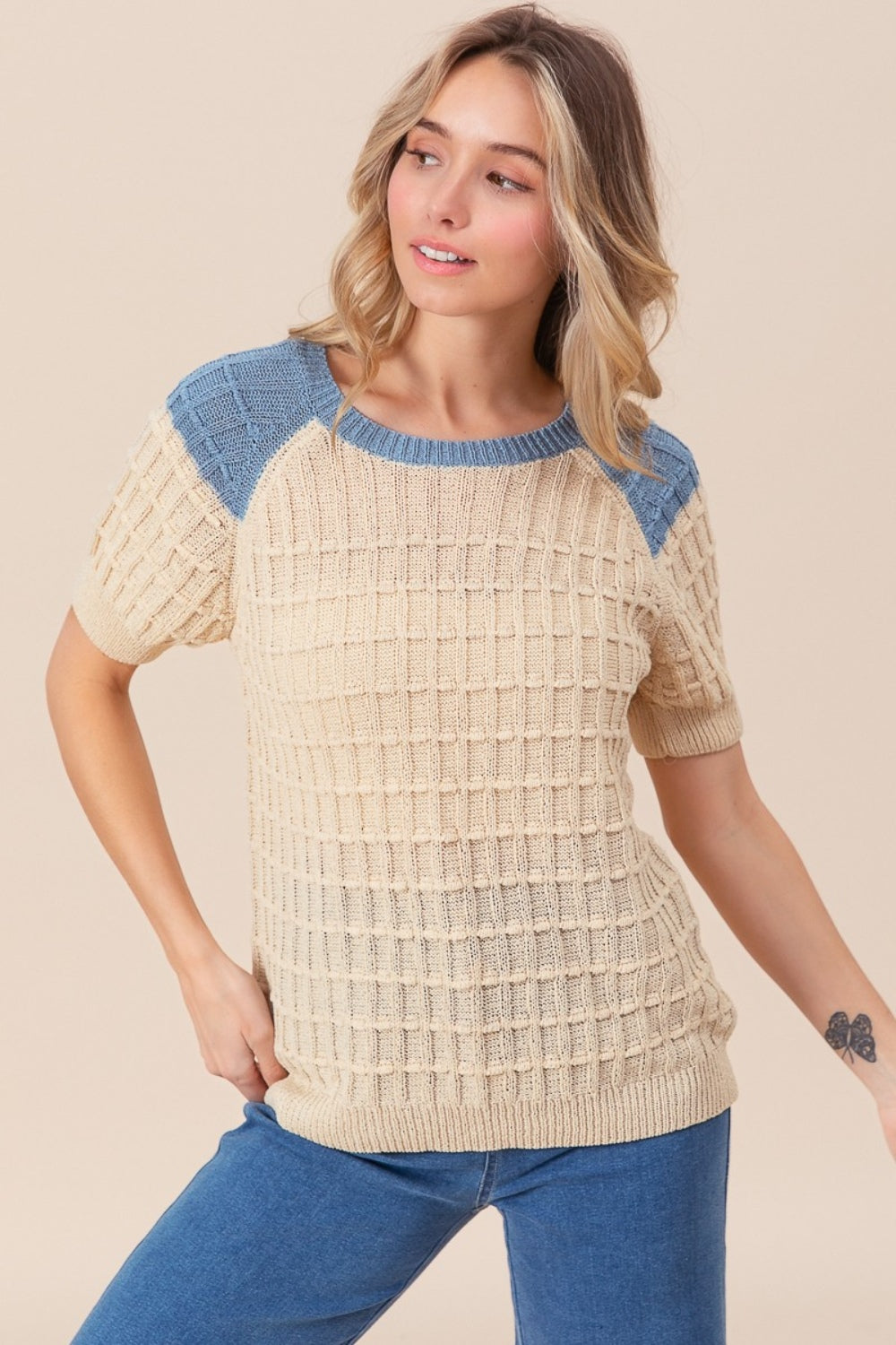 BiBi Textured Contrast Short Sleeve Sweater-TOPS / DRESSES-[Adult]-[Female]-2022 Online Blue Zone Planet