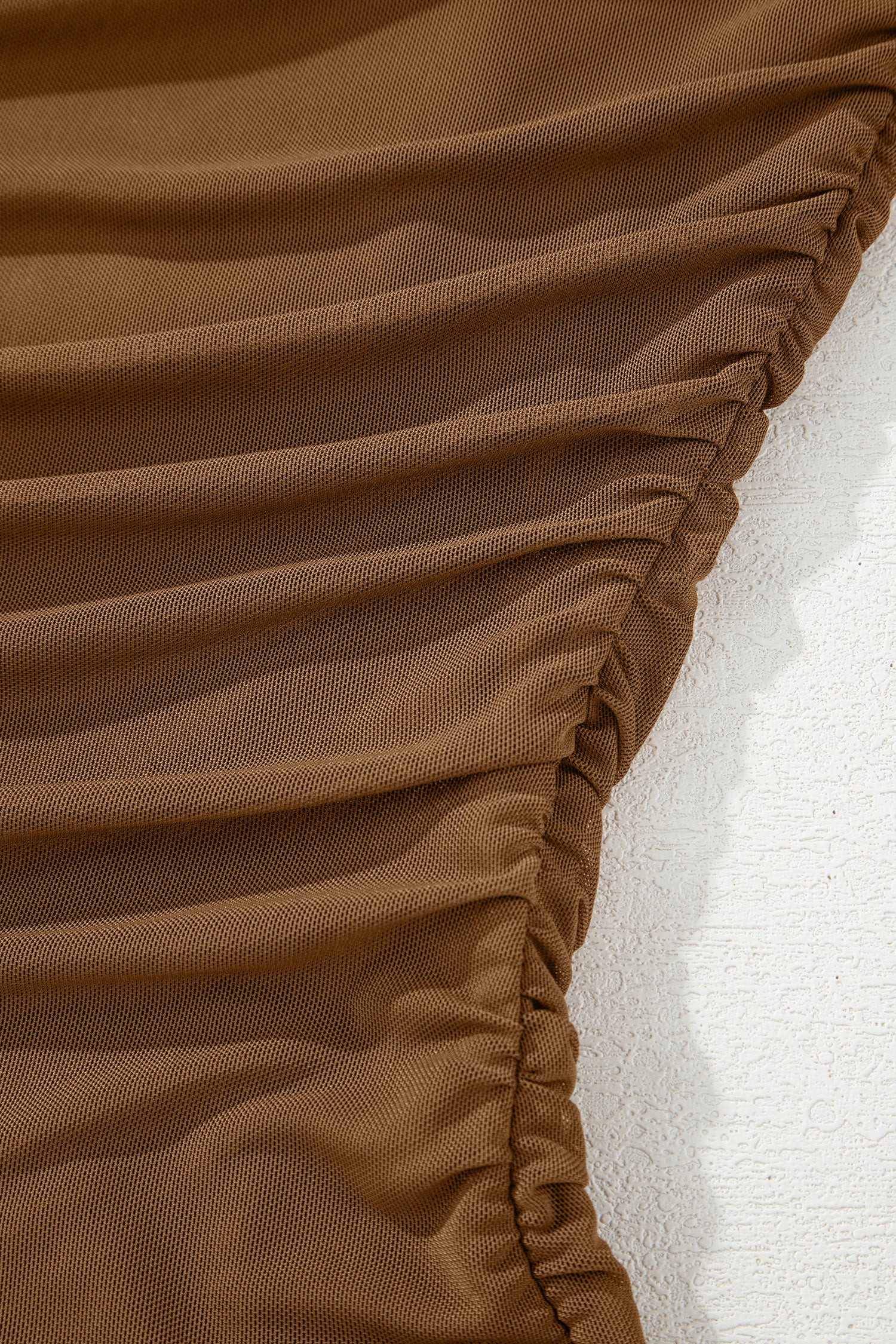 Coffee Sheer Mesh Patchwork High Neck Long Sleeve Top-Tops/Long Sleeve Tops-[Adult]-[Female]-2022 Online Blue Zone Planet