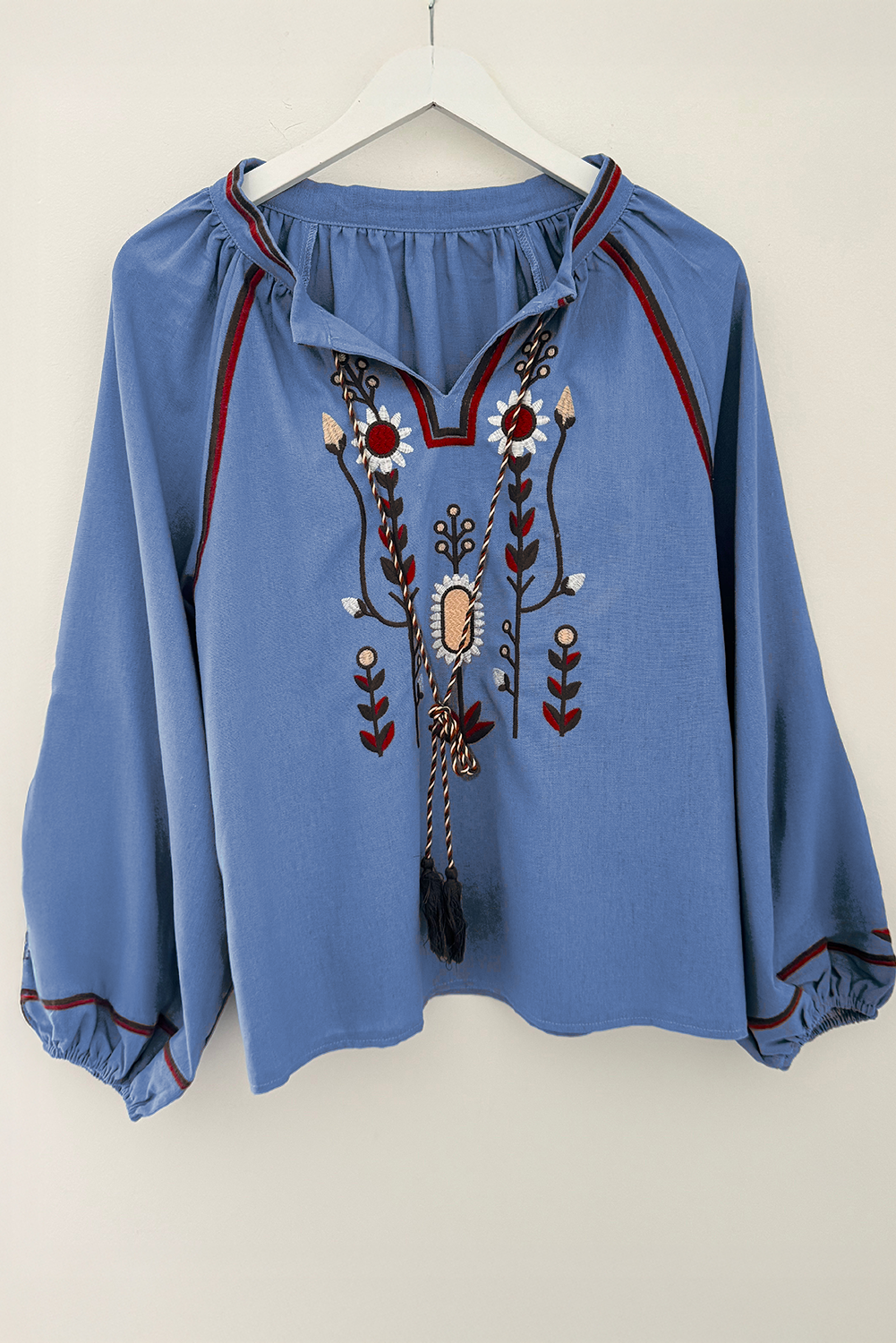Real Teal Floral Embroidered Split Neck Tassel Tie Puff Sleeve Blouse-Tops/Blouses & Shirts-[Adult]-[Female]-2022 Online Blue Zone Planet