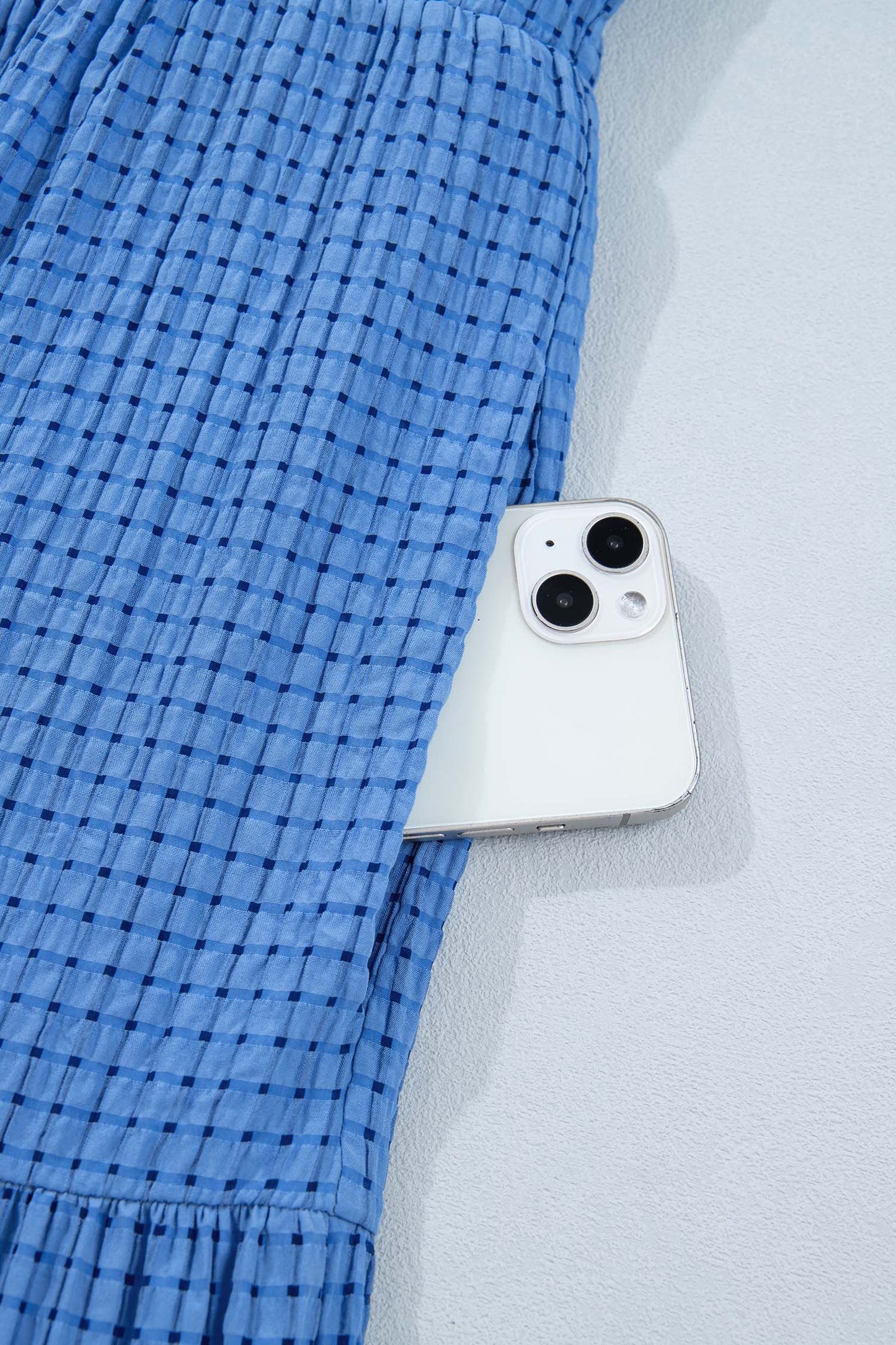 Dusk Blue Gingham Textured Bow Tie Short Sleeve Tiered Midi Dress-Dresses/Midi Dresses-[Adult]-[Female]-2022 Online Blue Zone Planet