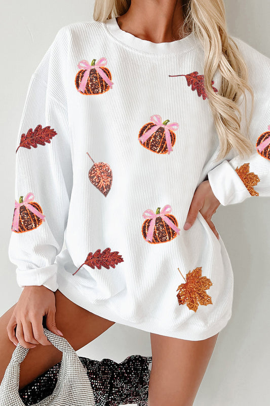 White Sequin Pumpkin Leaf Corded Ribbed Oversized Sweatshirt-Graphic/Graphic Sweatshirts-[Adult]-[Female]-White-S-2022 Online Blue Zone Planet