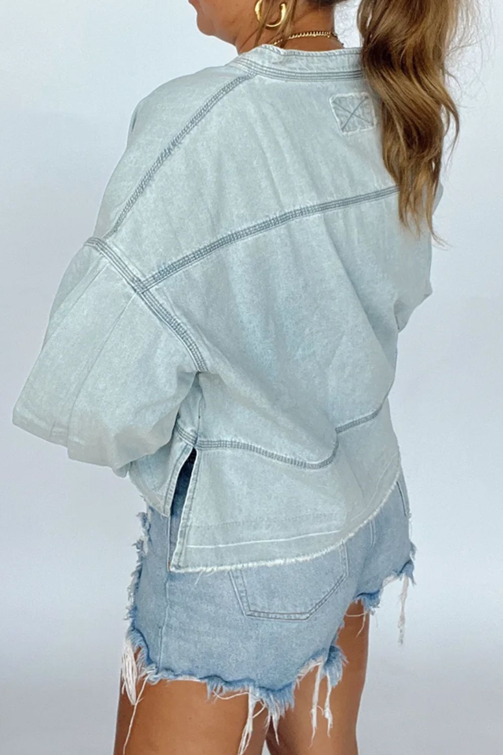 Blue Zone Planet | Slit Raw Hem Notched Denim Top-TOPS / DRESSES-[Adult]-[Female]-2022 Online Blue Zone Planet