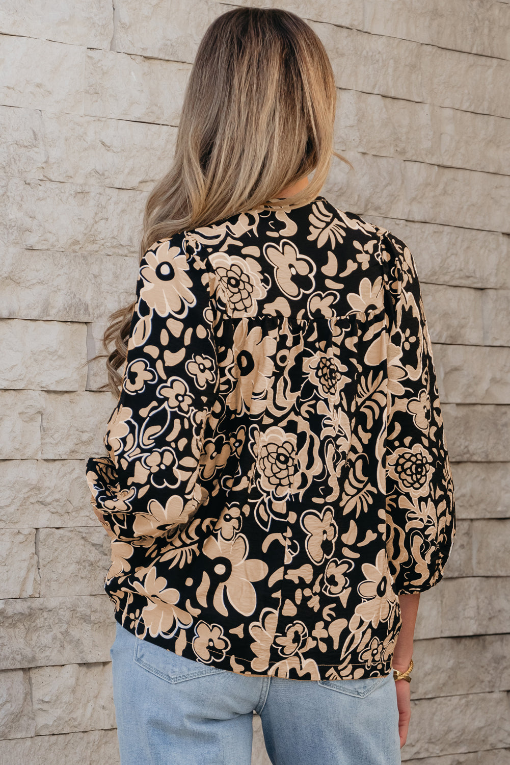 Blue Zone Planet | Black Floral Shirred Yoke Bracelet Sleeve Split Neck Boho Blouse-Tops/Blouses & Shirts-[Adult]-[Female]-2022 Online Blue Zone Planet