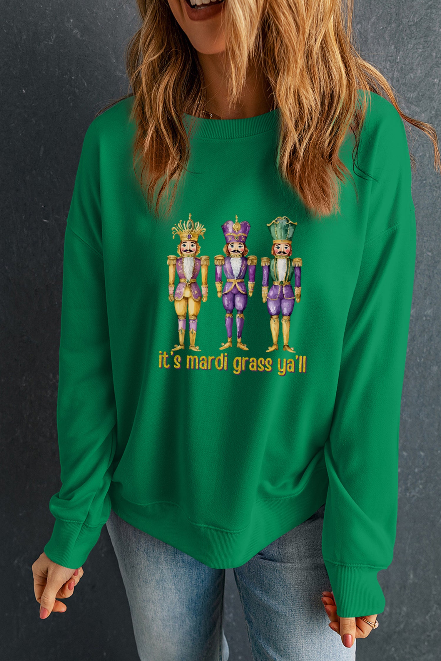 Dark Green Mardi Gras Nutcracker Graphic Pullover Sweatshirt-Graphic Sweatshirts-[Adult]-[Female]-2022 Online Blue Zone Planet