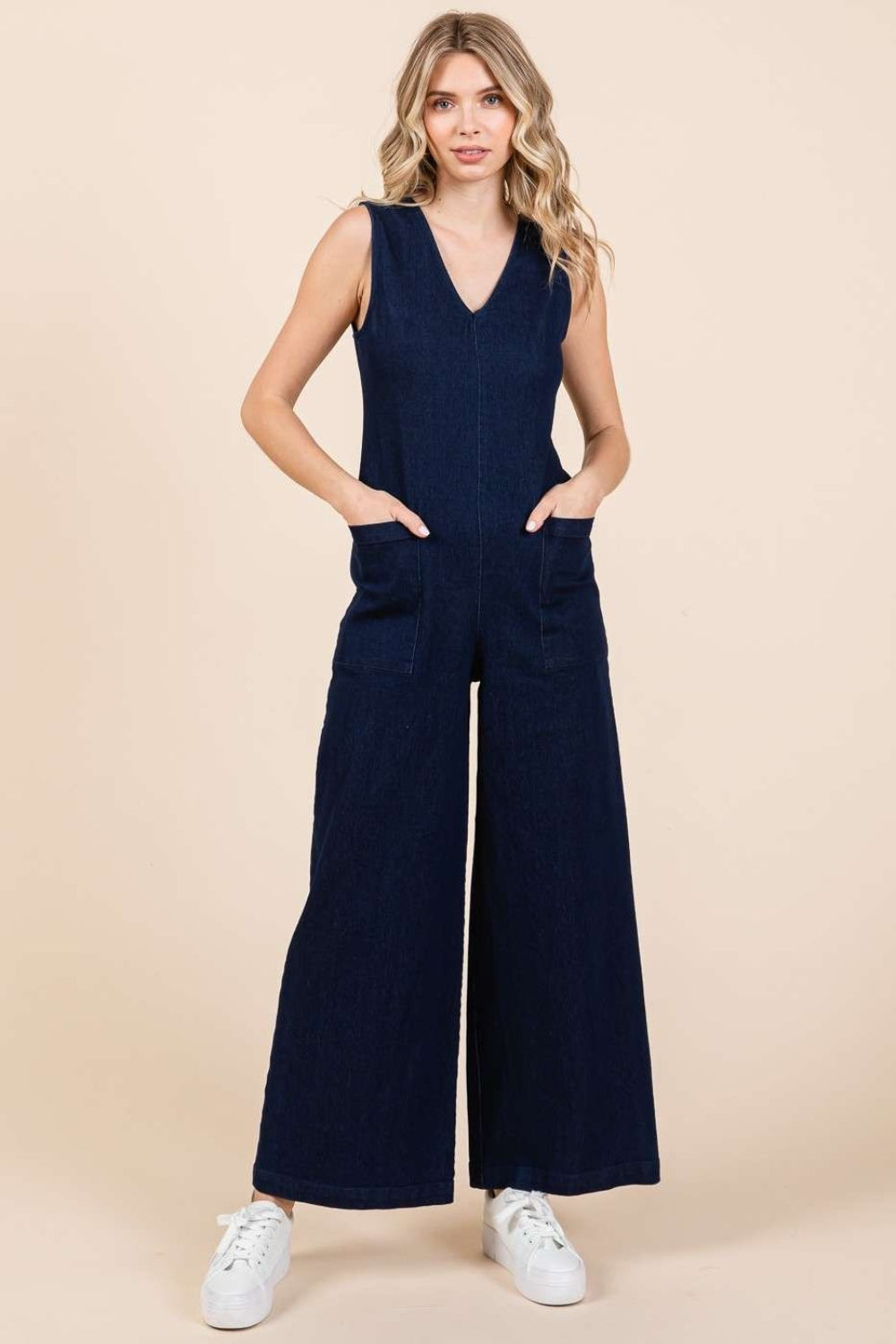 Mittoshop Sleeveless Wide Leg Denim Jumpsuit-TOPS / DRESSES-[Adult]-[Female]-Dk Denim-S-2022 Online Blue Zone Planet