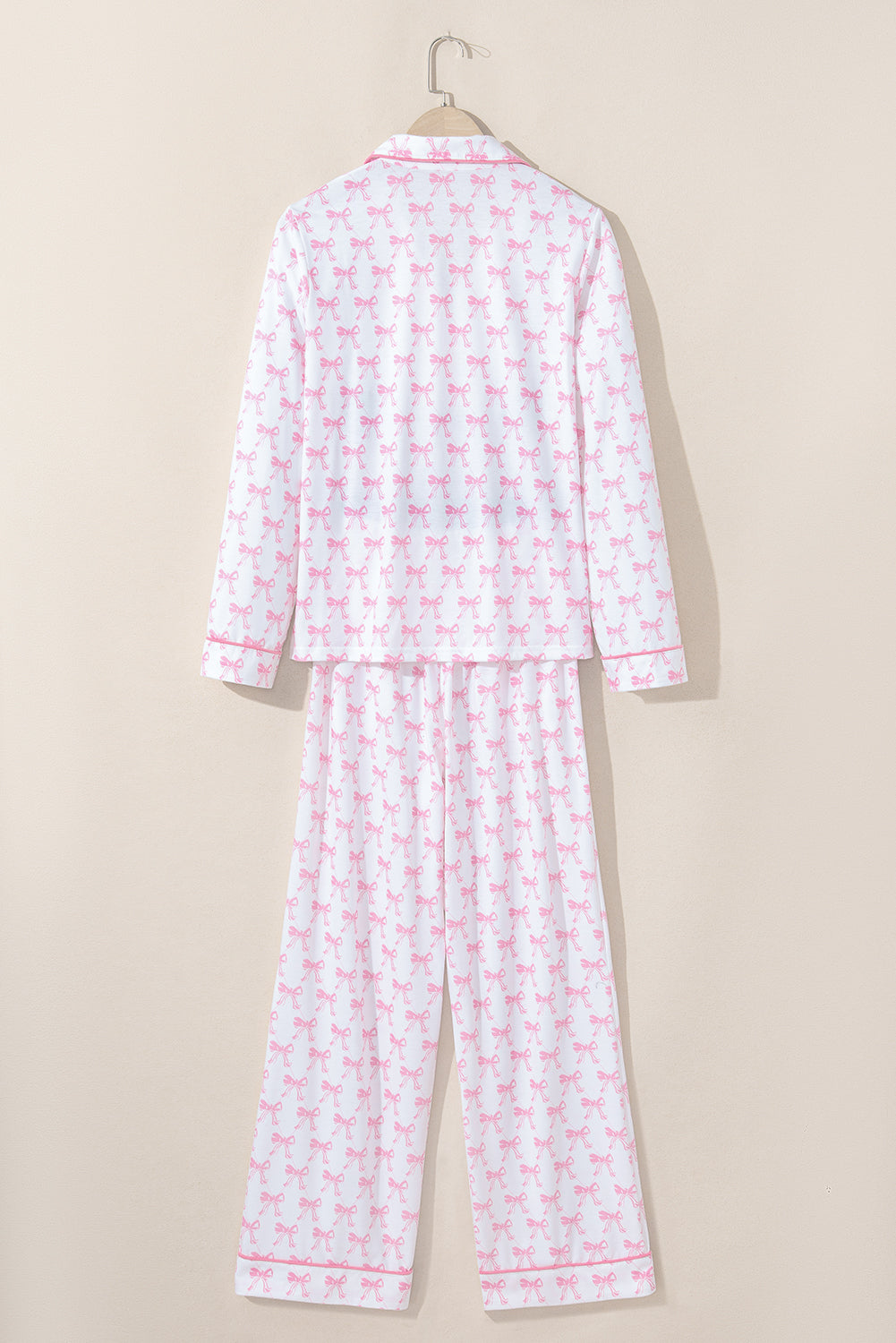 Pink Bow Print Long Sleeve Shirt and Pants Soft Pajama Set-Loungewear & Sleepwear/Sleepwear-[Adult]-[Female]-2022 Online Blue Zone Planet