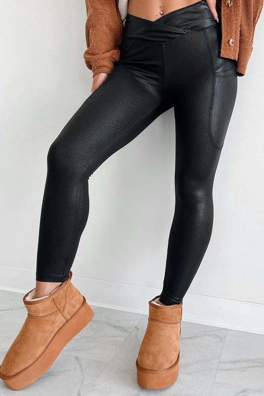 Black V Crossover High Waist Pocketed Leggings-Bottoms/Leggings-[Adult]-[Female]-Black-S-2022 Online Blue Zone Planet