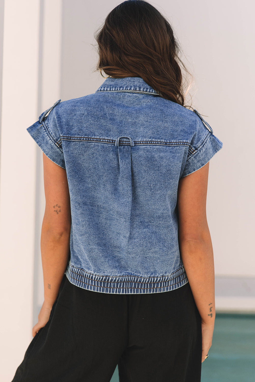 Ashleigh Blue Acid Wash Elastic Hem Button Up Denim Vest-Outerwear/Vests-[Adult]-[Female]-2022 Online Blue Zone Planet