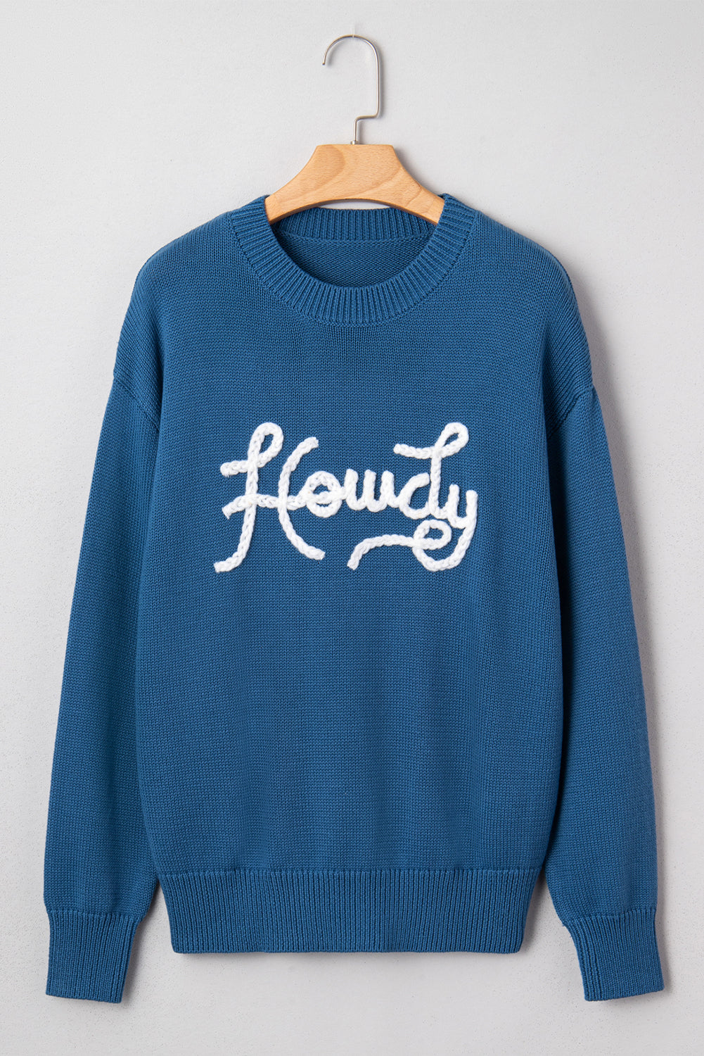 Dusk Blue Howdy Embroidered Graphic Western Sweater-TOPS / DRESSES-[Adult]-[Female]-2022 Online Blue Zone Planet