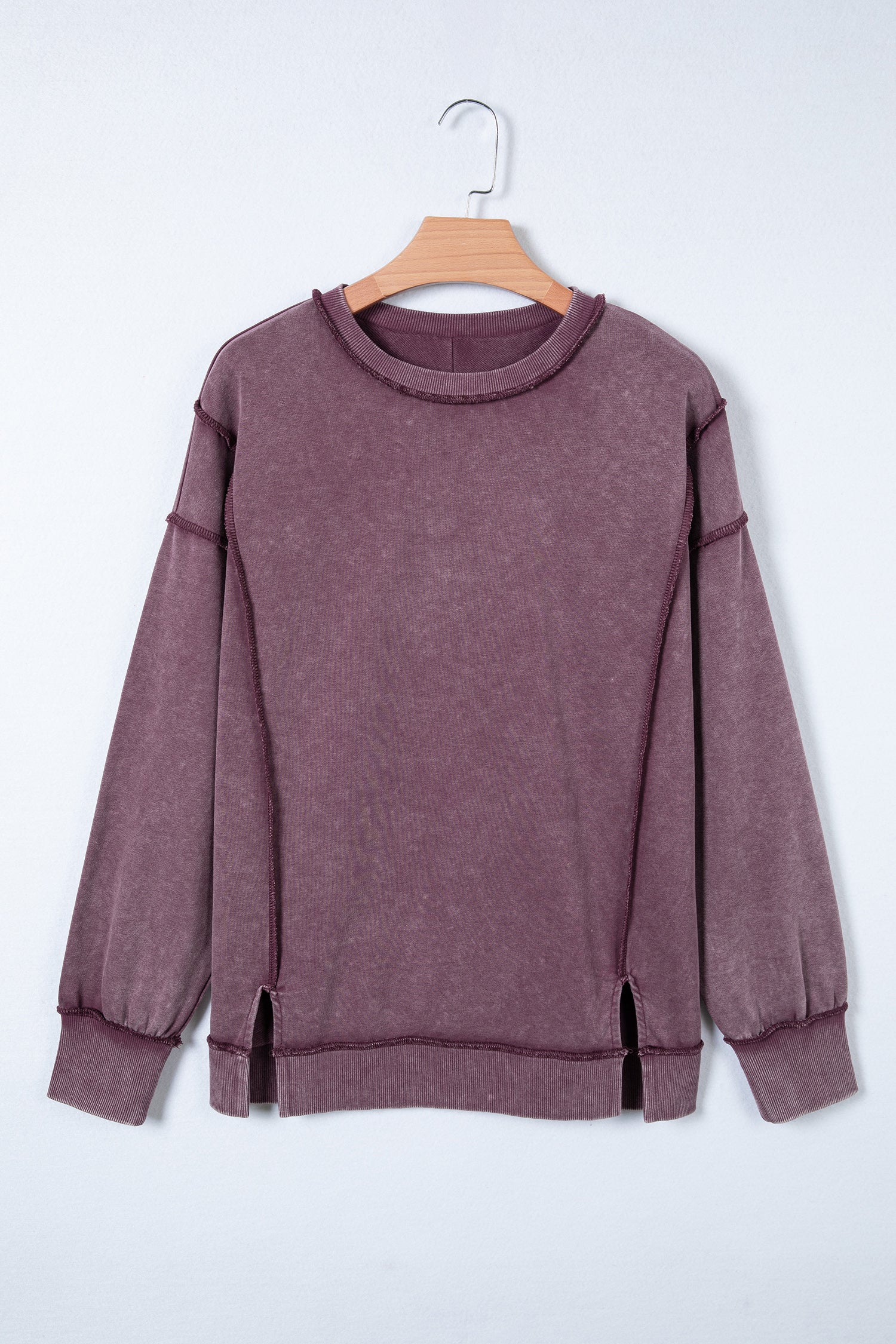 Red Sandalwood Mineral Wash Exposed Seam Side Slit Sweatshirt-Tops/Sweatshirts & Hoodies-[Adult]-[Female]-2022 Online Blue Zone Planet
