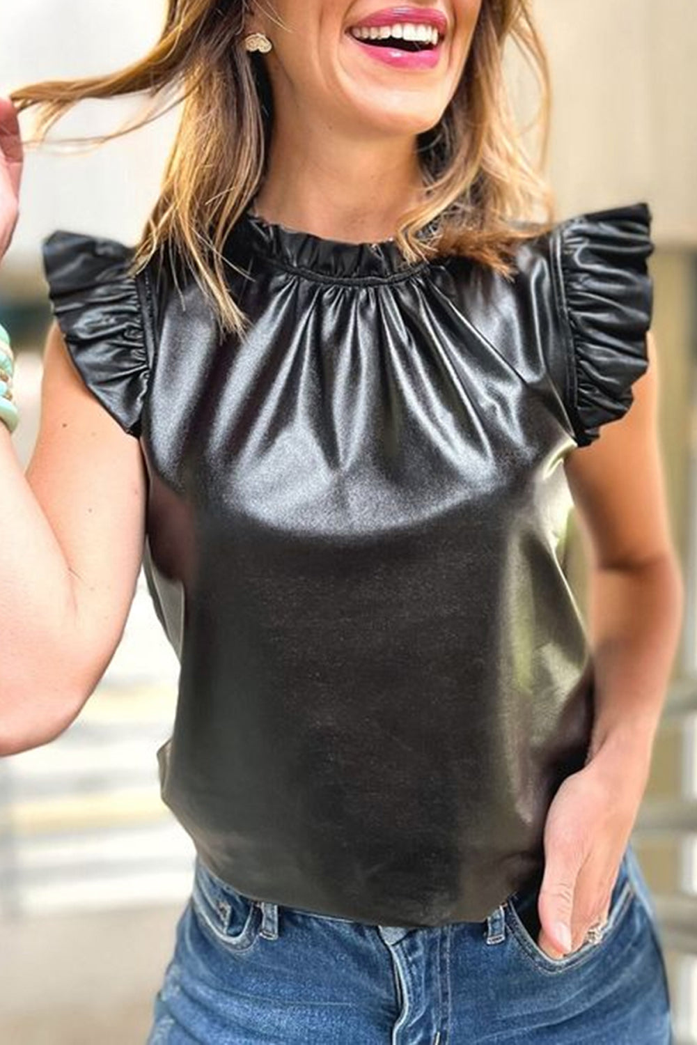 Black PU Leather Frilly Ruffle Trim Blouse-Tops/Blouses & Shirts-[Adult]-[Female]-Black-S-2022 Online Blue Zone Planet
