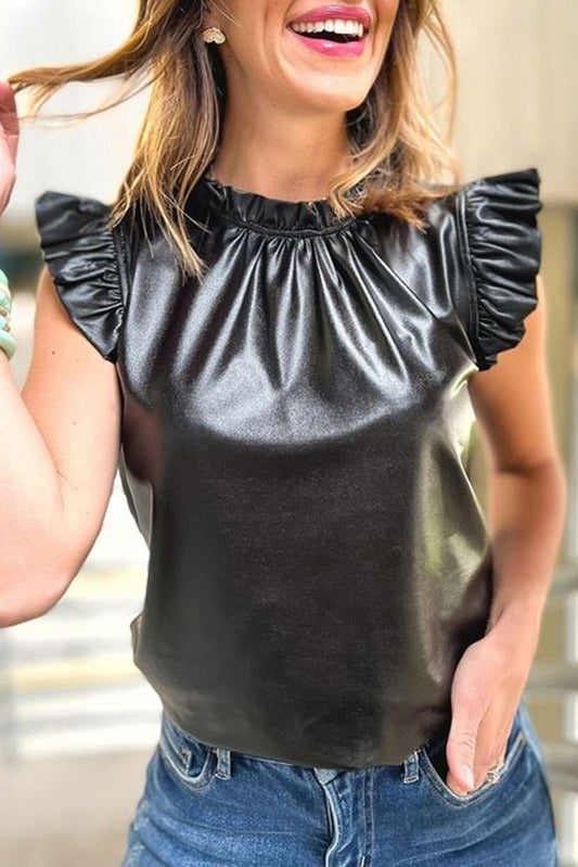Black PU Leather Frilly Ruffle Trim Blouse-Tops/Blouses & Shirts-[Adult]-[Female]-Black-S-2022 Online Blue Zone Planet