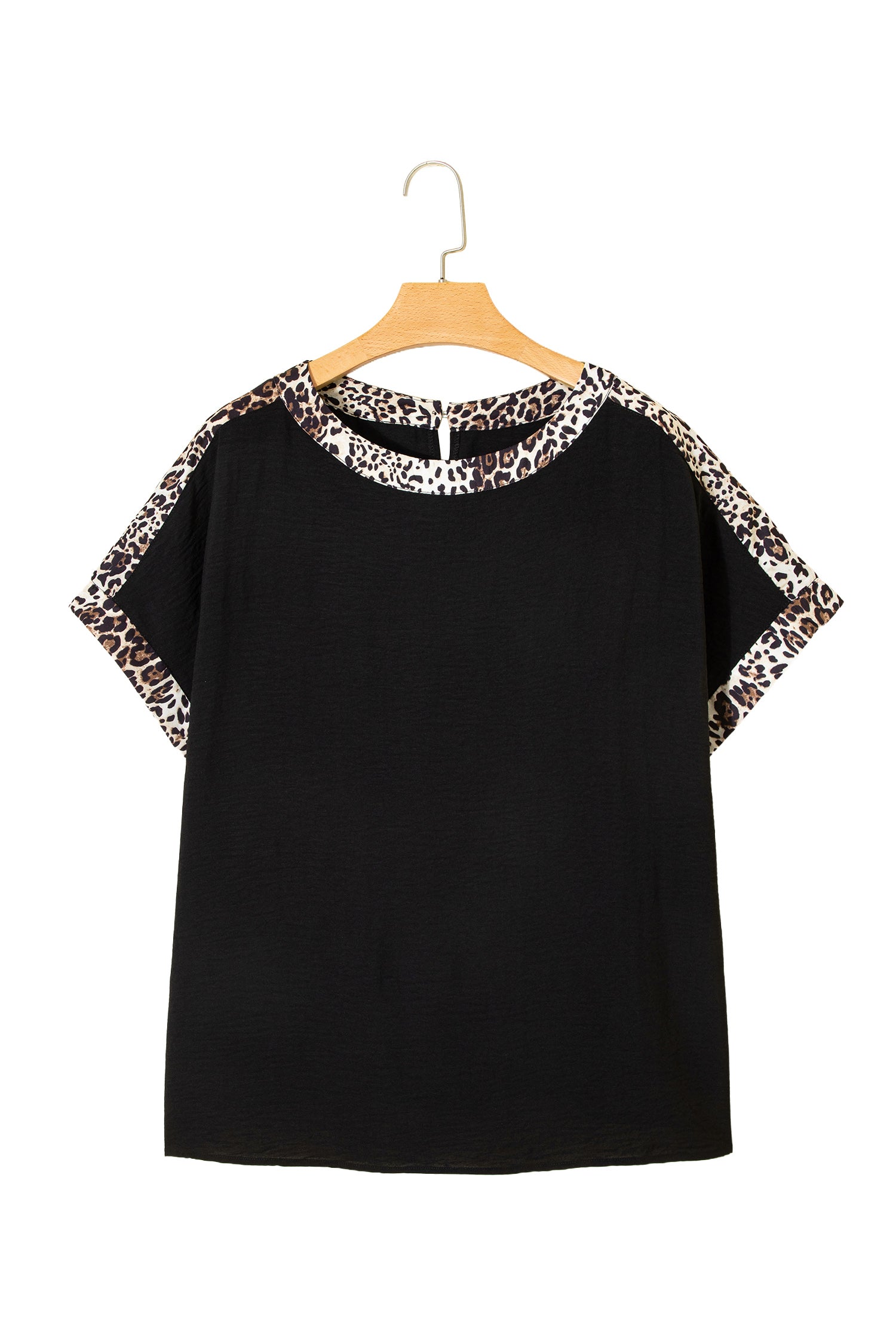 Black Plus Size Leopard Patchwork Round Neck Loose Tee-Plus Size/Plus Size Tops/Plus Size Tops & Tees-[Adult]-[Female]-2022 Online Blue Zone Planet
