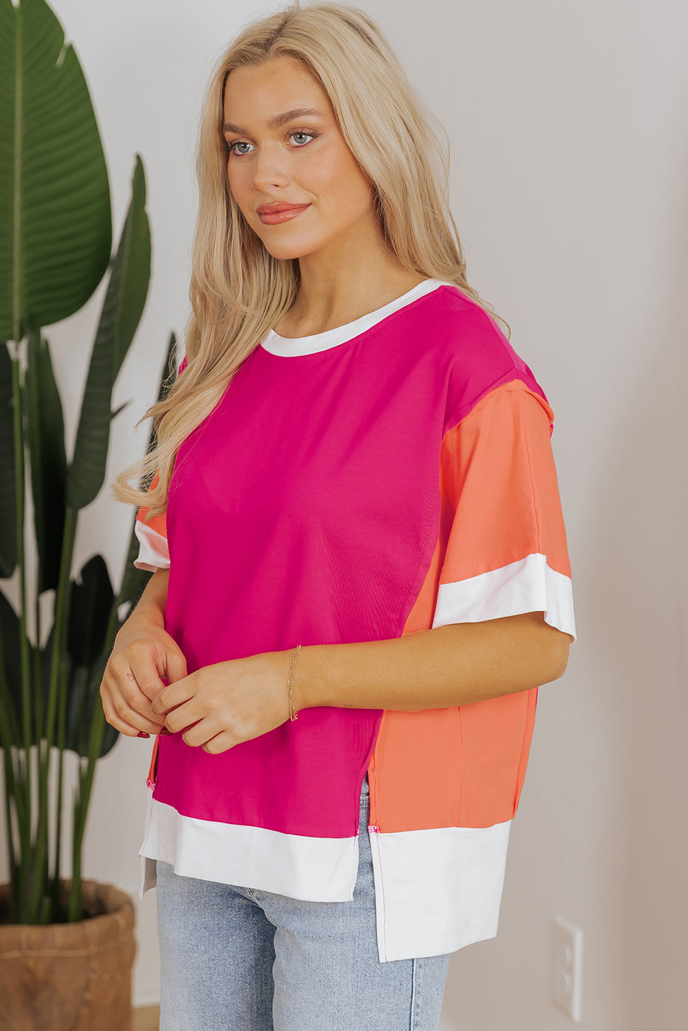 Rose Red Color Block Patchwork Side Slits Loose Fit T Shirt-Tops/Tops & Tees-[Adult]-[Female]-2022 Online Blue Zone Planet