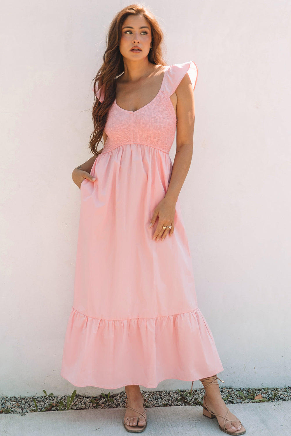 V-Neck Flutter Sleeve Smocked High Waist Ruffle Maxi Dress with Pockets Apricot Pink / L / 100%Cotton V-Neck Flutter Sleeve Smocked High Waist Ruffle Maxi Dress with Pockets Apricot Pink / L / 100%Cotton