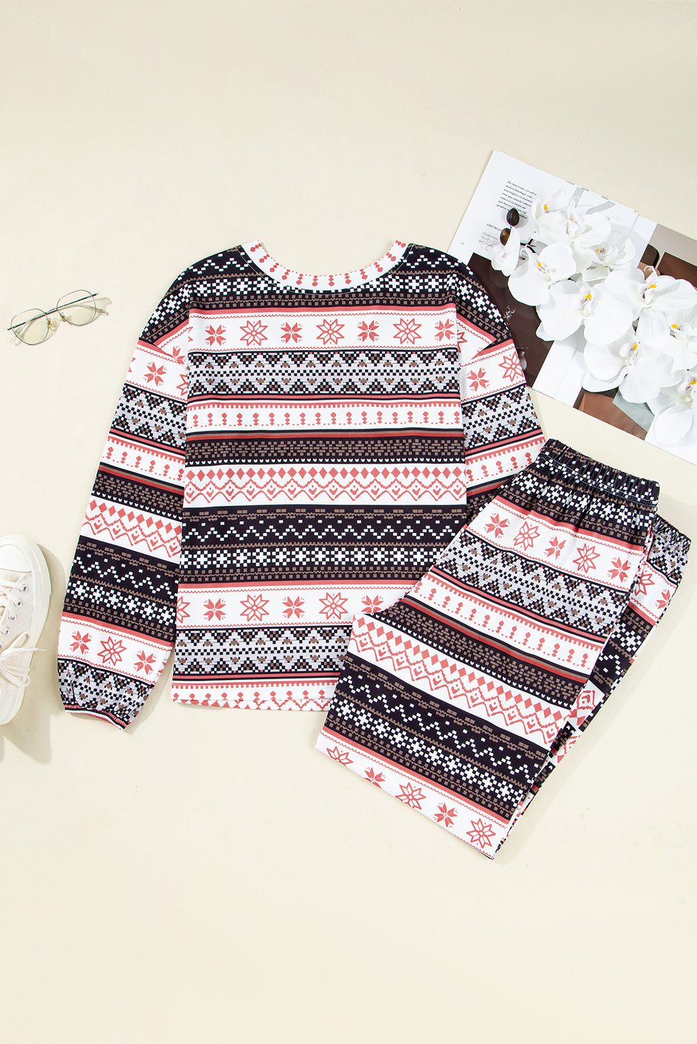 Black Retro Christmas Pattern Loose Pullover 2pcs Lounge Pant Set-Loungewear & Sleepwear/Loungewear-[Adult]-[Female]-2022 Online Blue Zone Planet