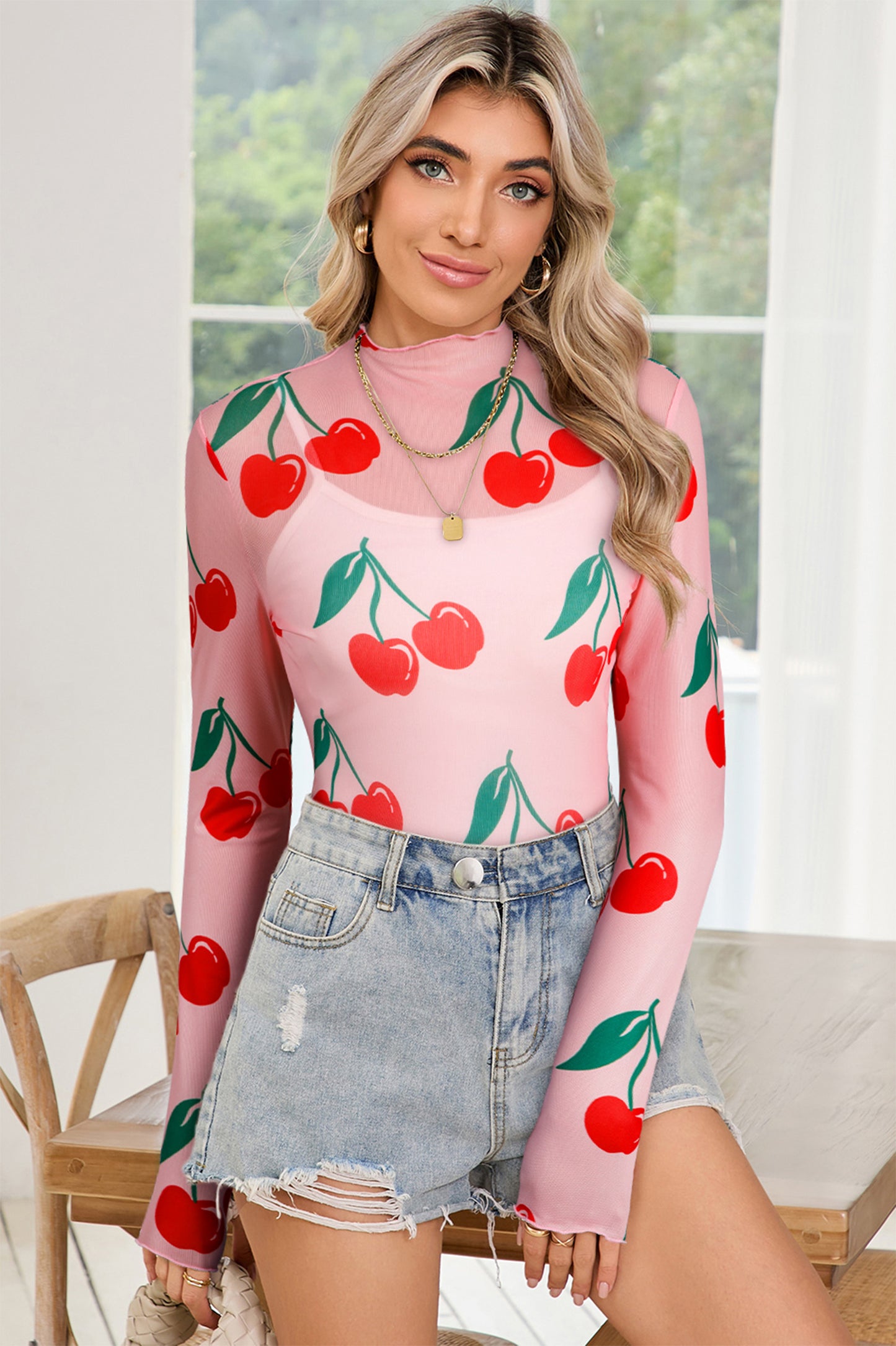 Pink Cherry Print Lettuce Trim Long Sleeve Mesh Top-Tops/Long Sleeve Tops-[Adult]-[Female]-2022 Online Blue Zone Planet