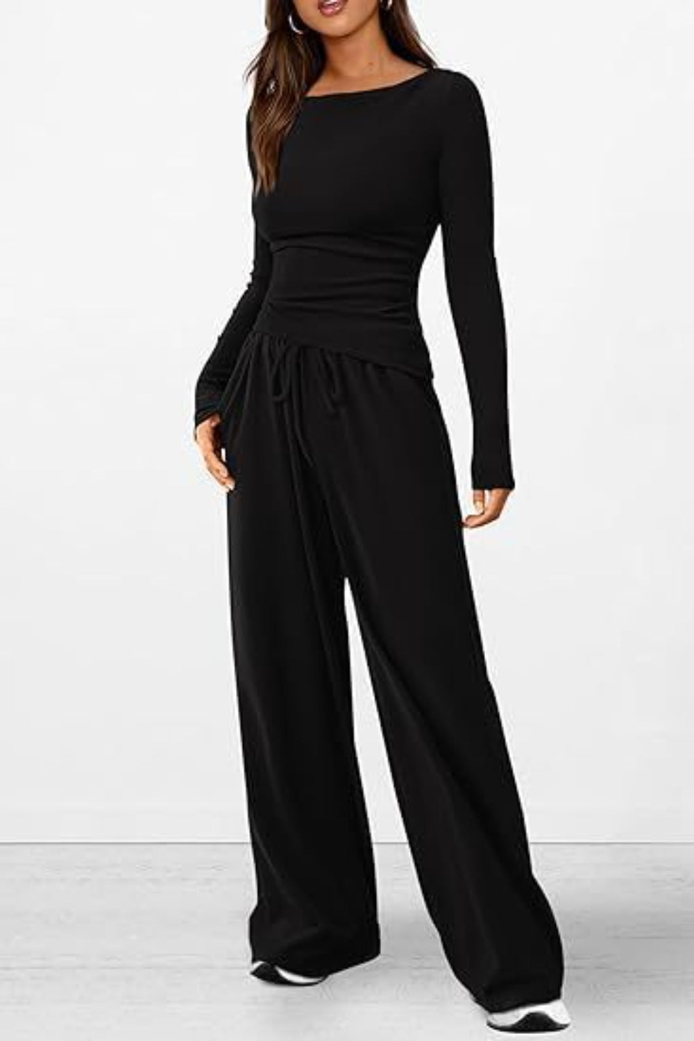 Round Neck Long Sleeve Top and Pants Set-TOPS / DRESSES-[Adult]-[Female]-Black-XS-2022 Online Blue Zone Planet