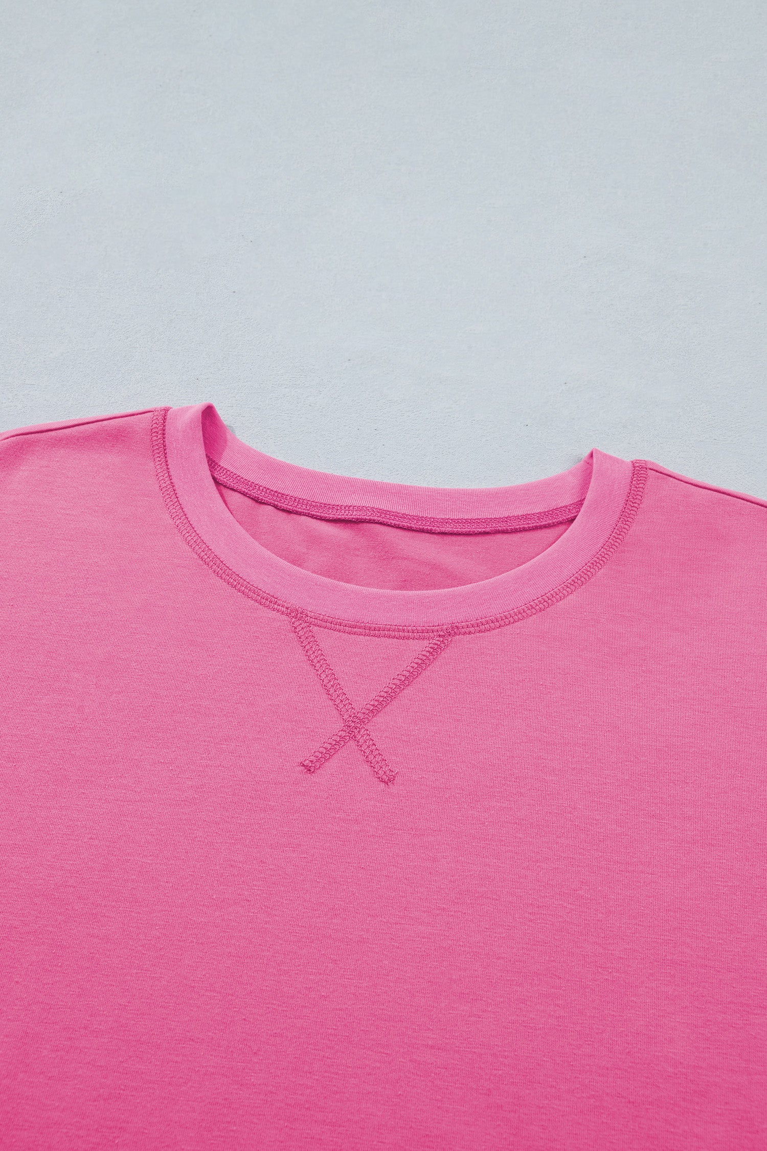 Bright Pink Seam Detail Raw Edge Tee Rainbow Waistband Casual Short Set-Two Piece Sets/Short Sets-[Adult]-[Female]-2022 Online Blue Zone Planet