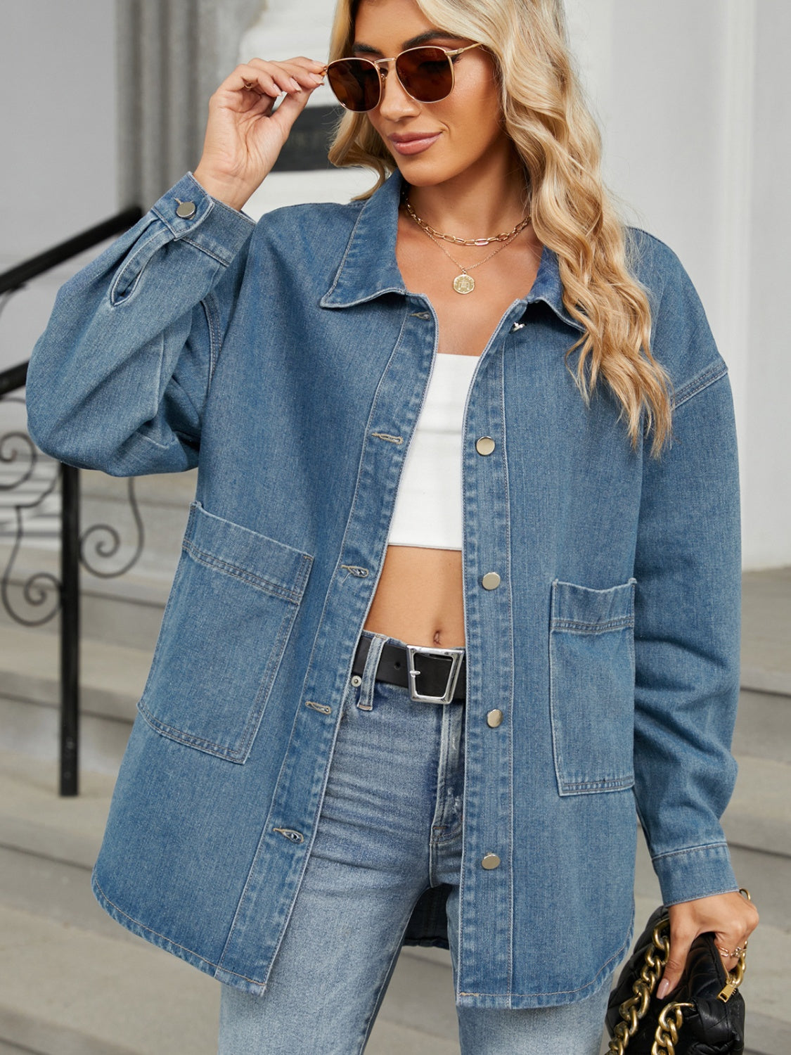 Blue Zone Planet | Removable Hood Button Up Long Sleeve Denim Jacket-TOPS / DRESSES-[Adult]-[Female]-Medium-S-2022 Online Blue Zone Planet