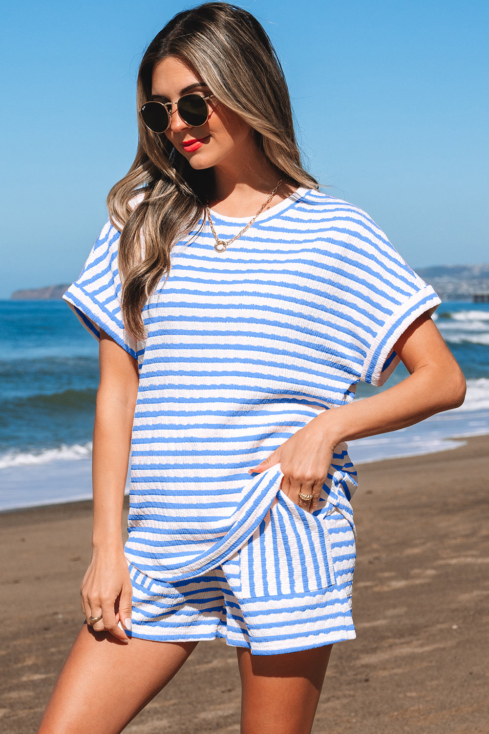 Sky Blue Stripe Knitted Short Sleeve Top and Drawstring Shorts Set-Two Piece Sets/Short Sets-[Adult]-[Female]-2022 Online Blue Zone Planet
