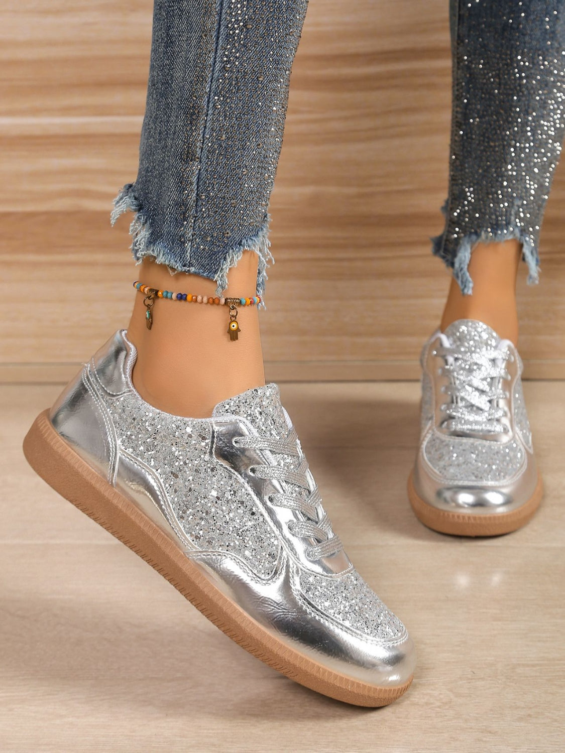 Sequin PU Leather Flat Sneakers-SHOES-[Adult]-[Female]-2022 Online Blue Zone Planet