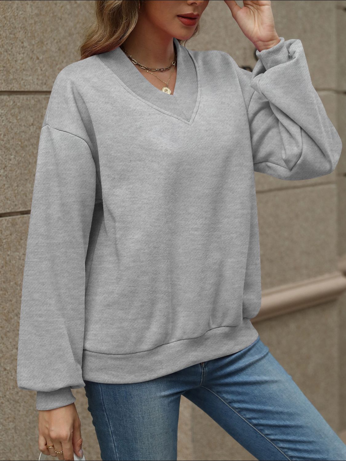 V-Neck Long Sleeve Dropped Shoulder Sweatshirt-TOPS / DRESSES-[Adult]-[Female]-2022 Online Blue Zone Planet