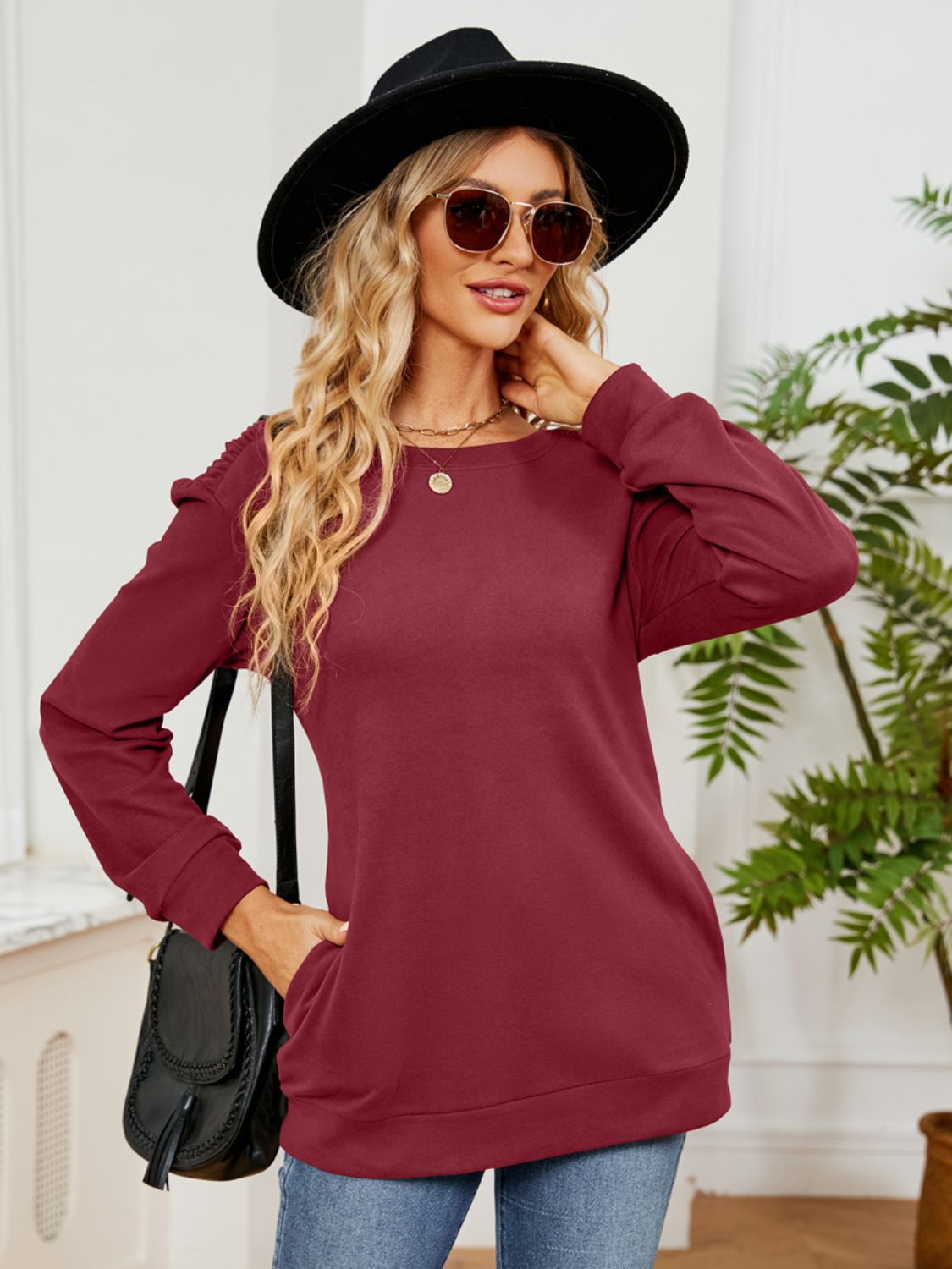 Ruched Shoulder Round Neck Long Sleeve Sweatshirt-TOPS / DRESSES-[Adult]-[Female]-Burgundy-S-2022 Online Blue Zone Planet