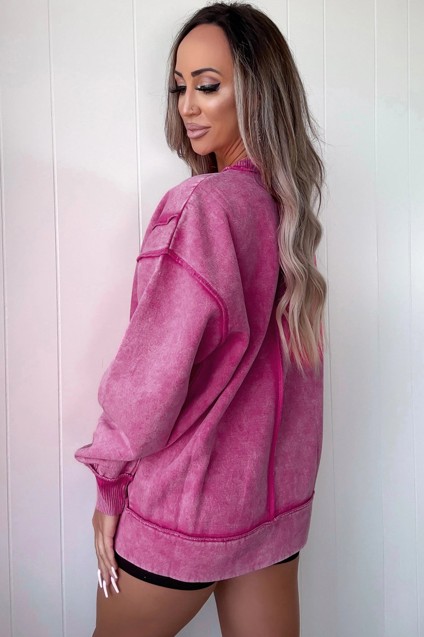 Rose Red Mineral Wash Exposed Seam Side Slit Sweatshirt-Tops/Sweatshirts & Hoodies-[Adult]-[Female]-2022 Online Blue Zone Planet