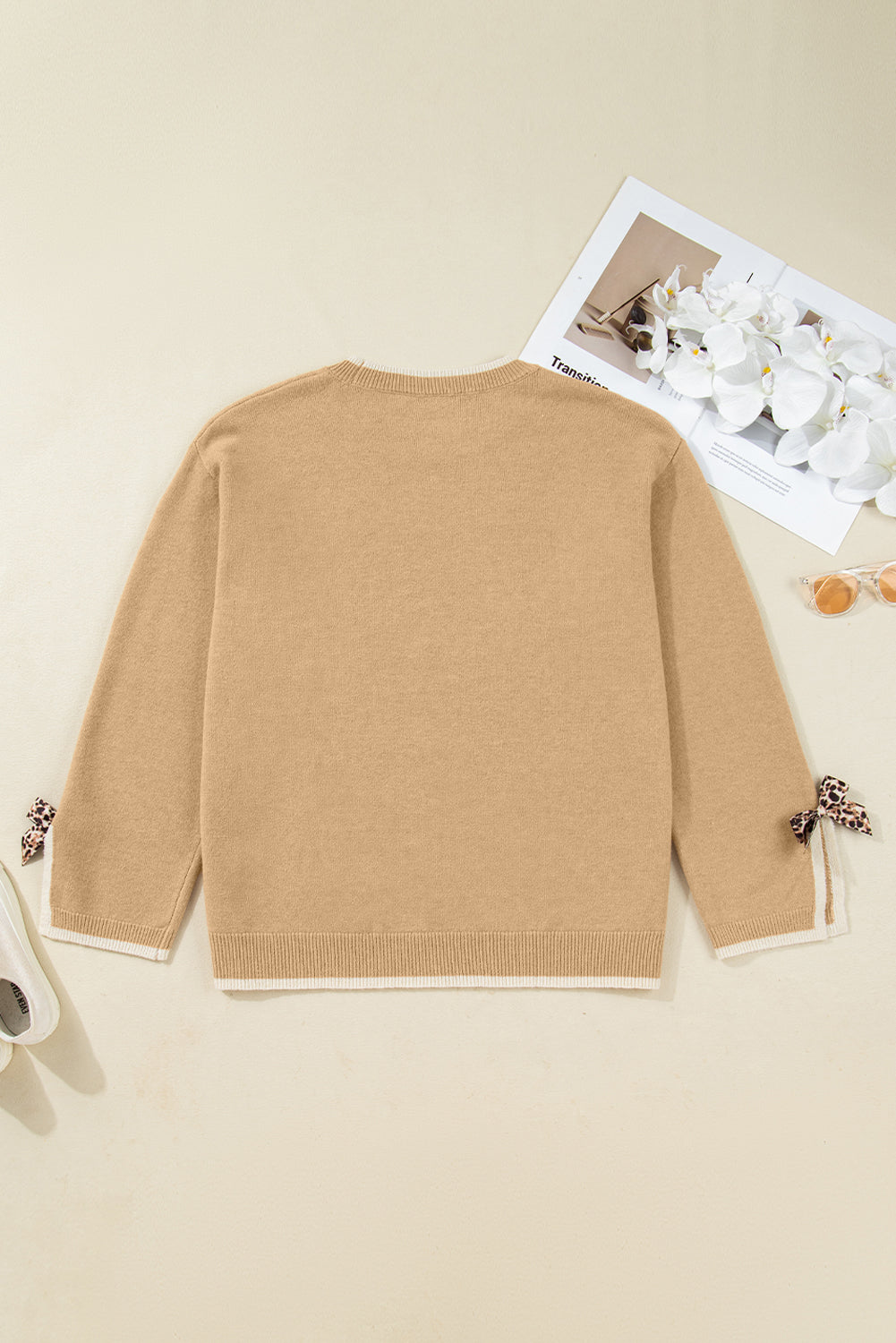 Tan Plus Size Leopard Bow Decor Split Cuffs Loose Sweater-Plus Size/Plus Size Sweaters & Cardigans-[Adult]-[Female]-2022 Online Blue Zone Planet