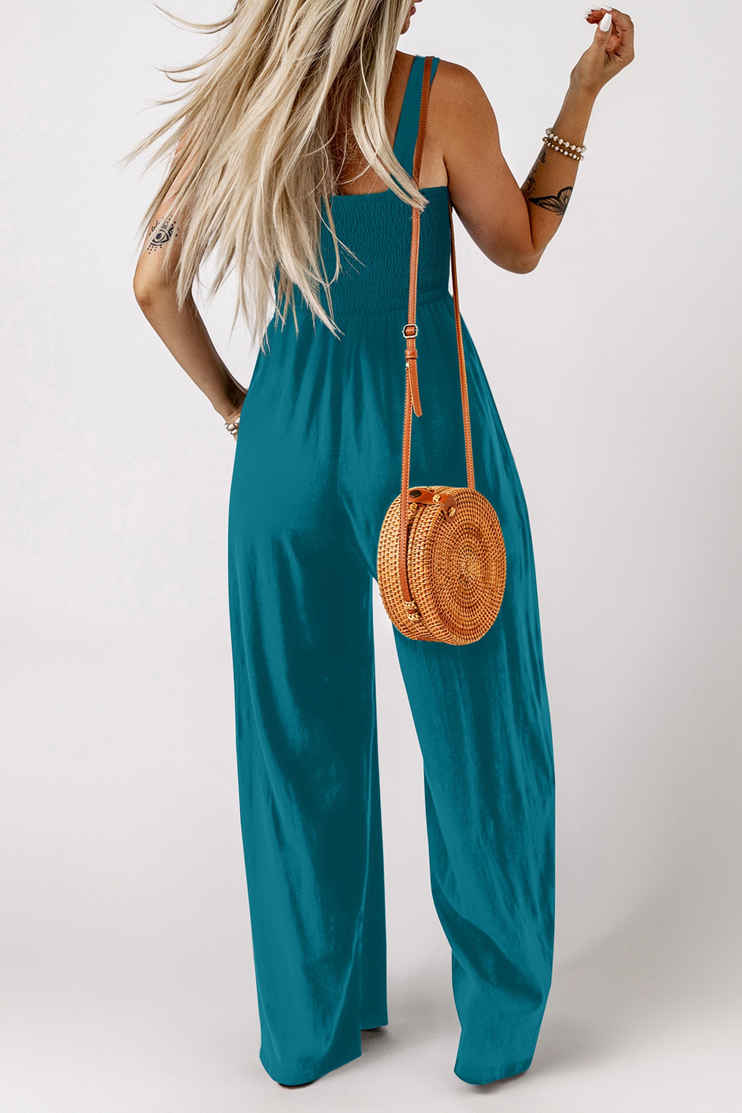 Peacock Blue Smocked Square Neck Sleeveless Jumpsuit with Pockets-Bottoms/Jumpsuits & Rompers-[Adult]-[Female]-2022 Online Blue Zone Planet